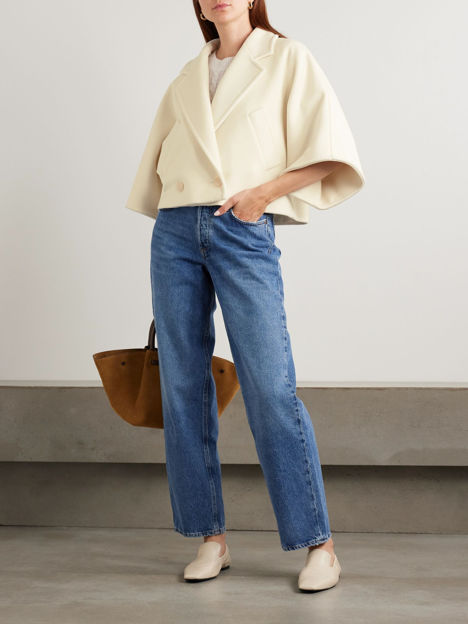 Galea double-breasted cropped wool and cashmere-blend jacket Cream - 2