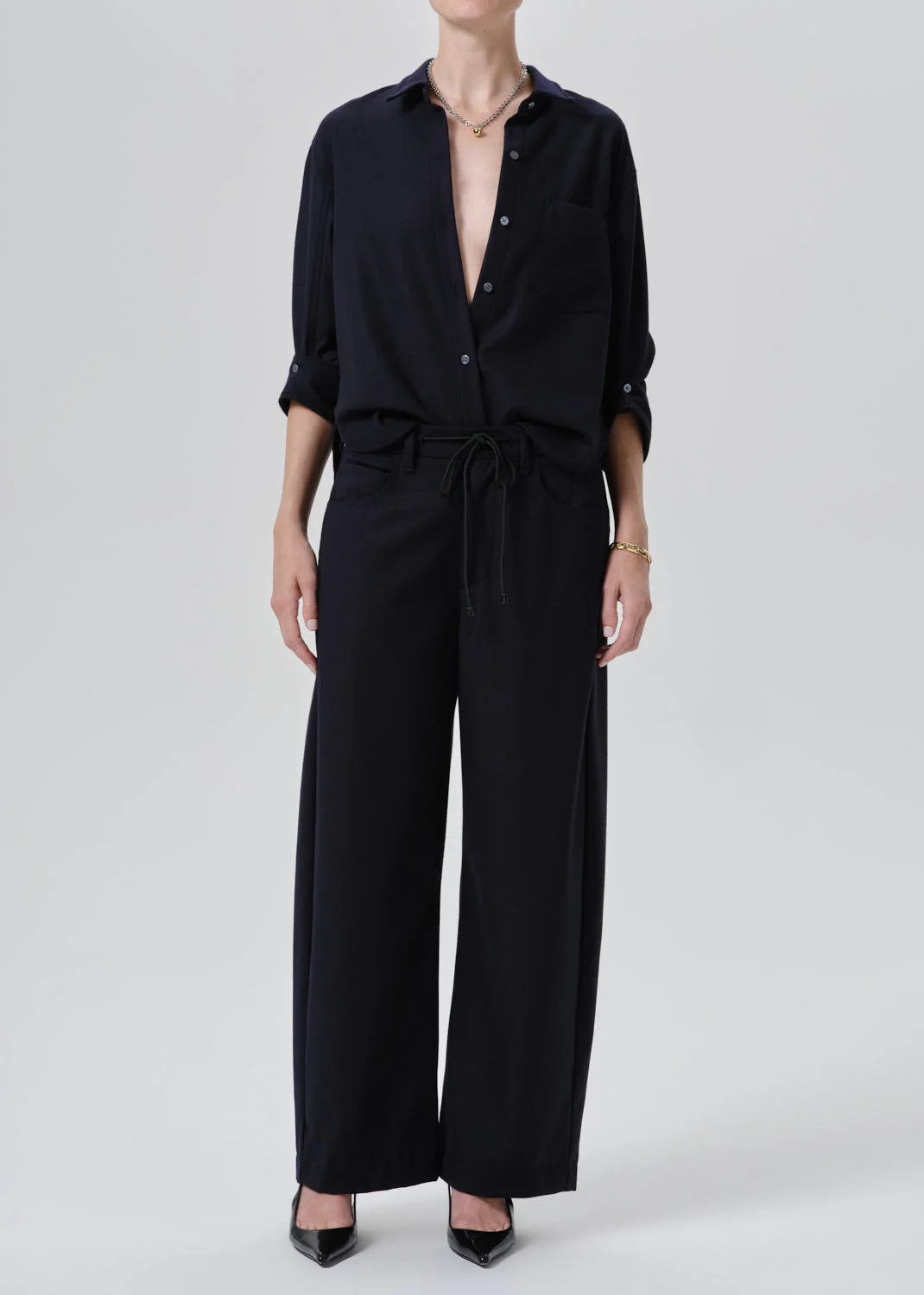 Kayla Shrunken Italian Virgin Wool Shirt In Navy - 1