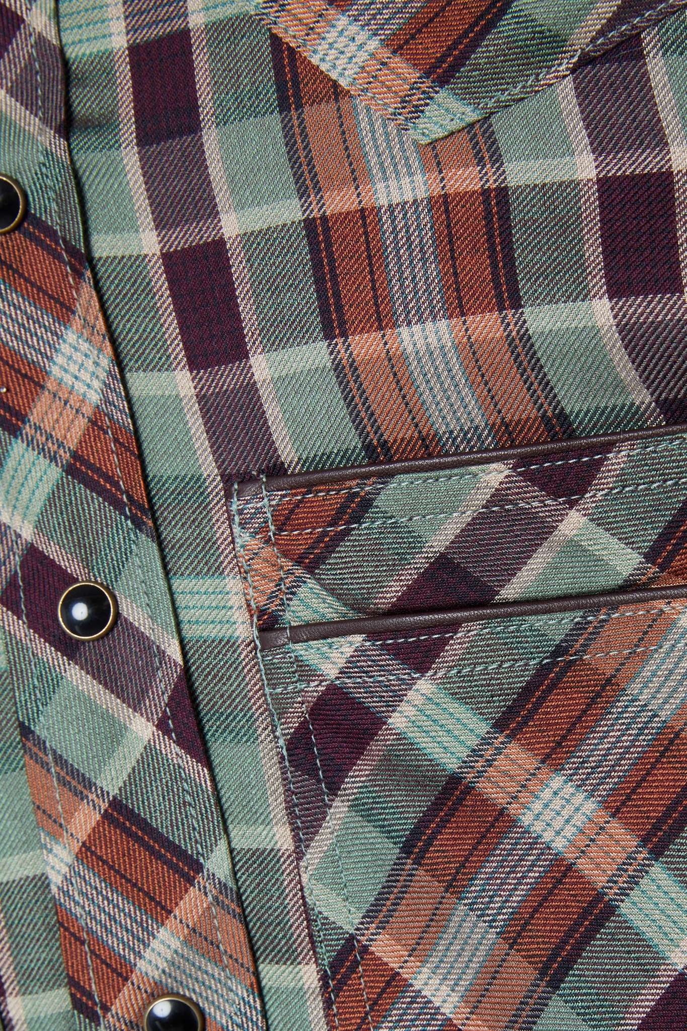 Leather-trimmed checked twill shirt - 5