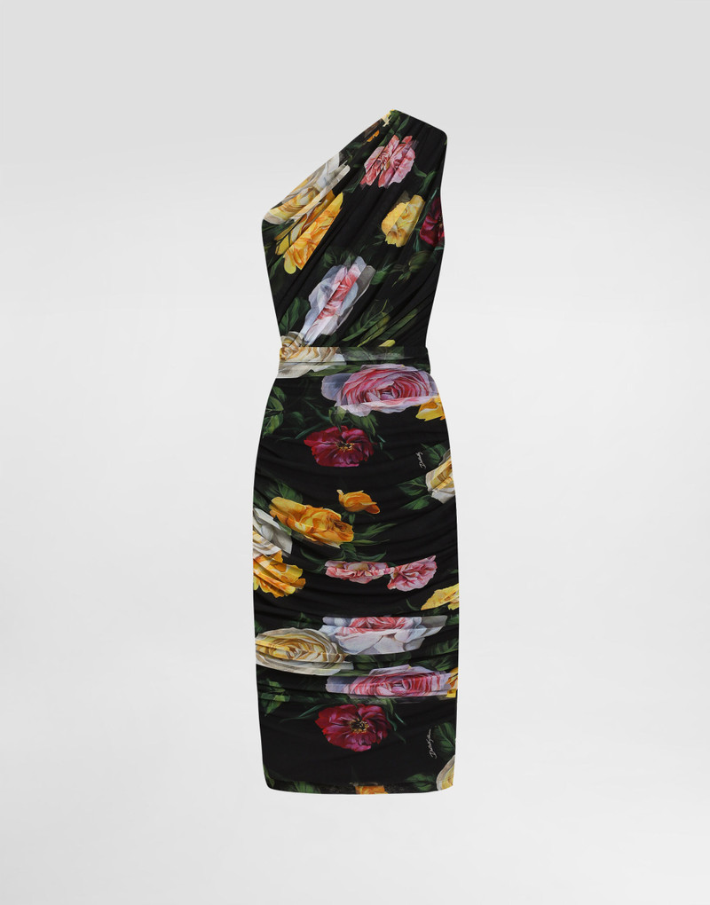 Tulle one-shoulder calf-length dress with peony and rose print 1