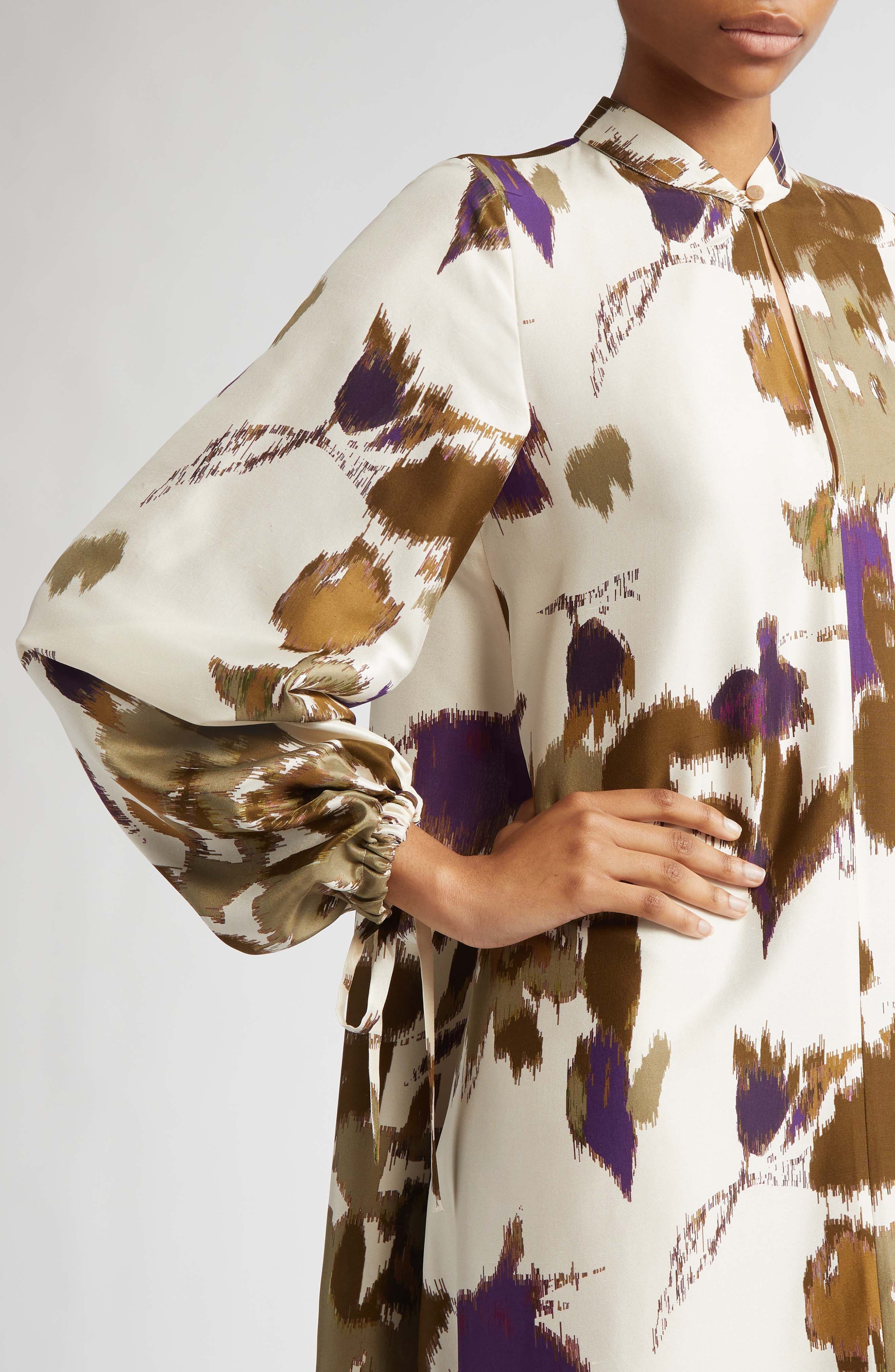 Max Mara Maesa Floral Long Sleeve Shantung Silk Maxi Dress in Ivory at Nordstrom - 4