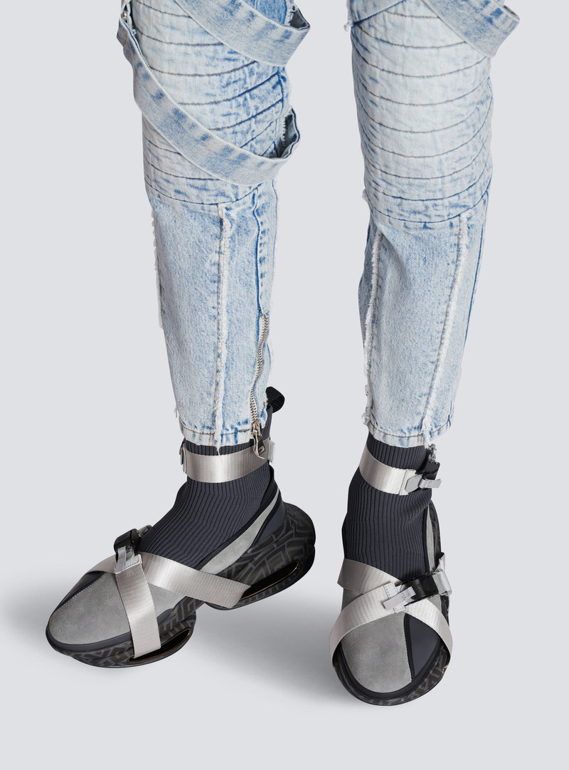 Balmain B-Bold knit and suede high-top trainers with strap outlook