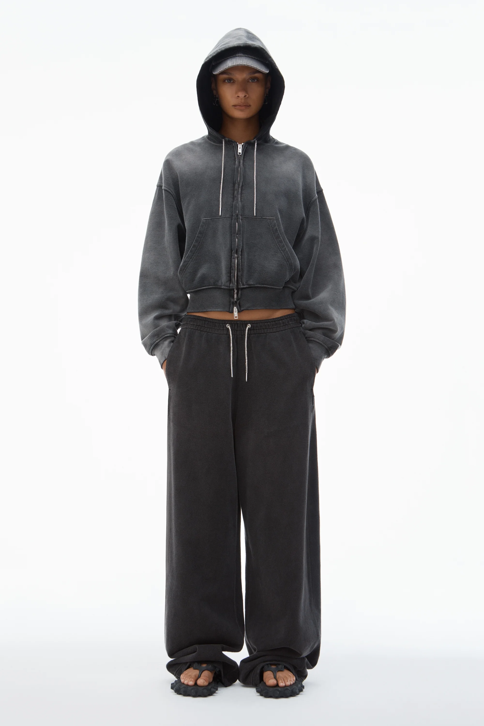 Alexander Wang Cropped Zip-Up Hoodie with Crystal Hotfix Drawcord