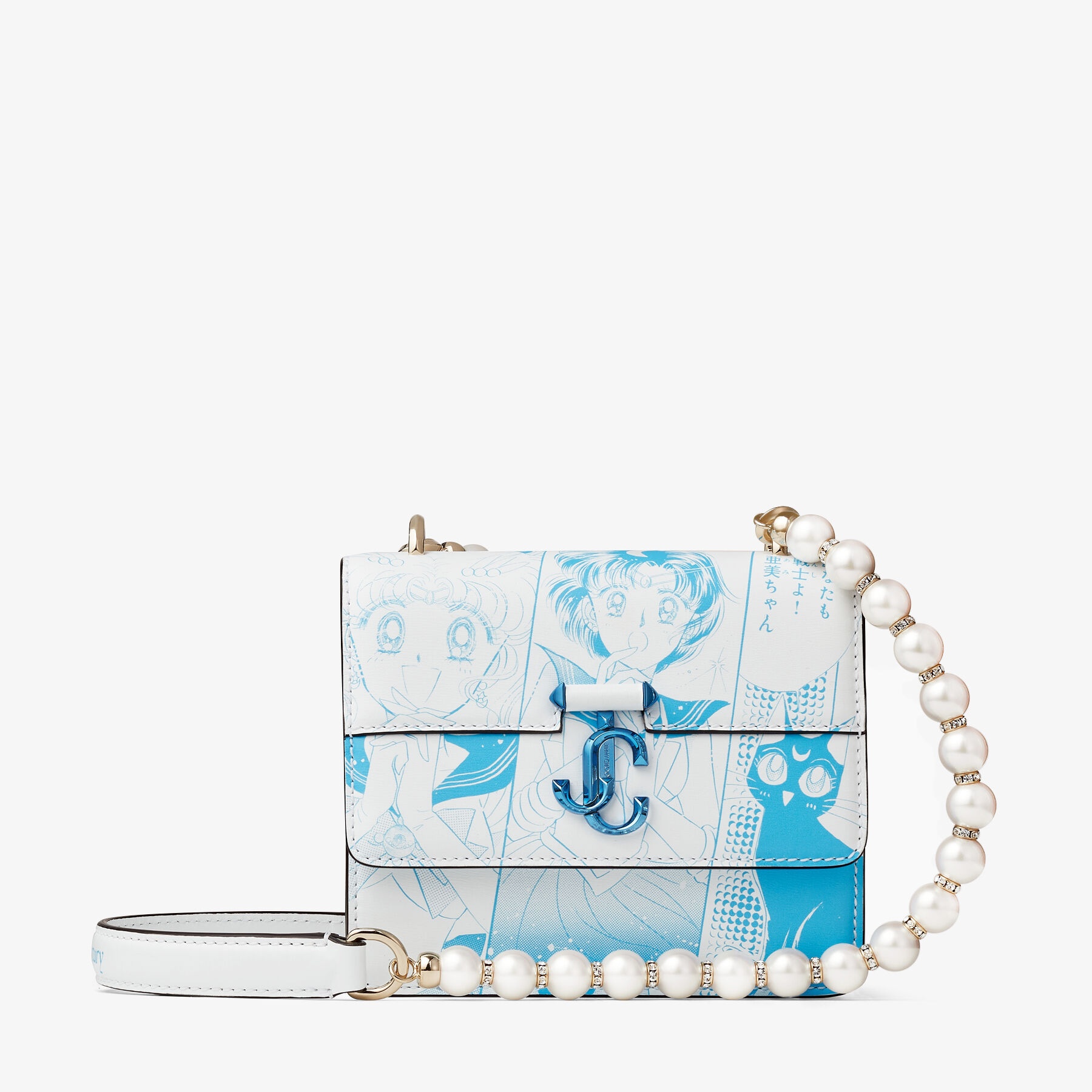 Sailor Mercury Varenne Quad XS
Blue Manga Printed Leather Shoulder Bag with Pearl Strap - 1