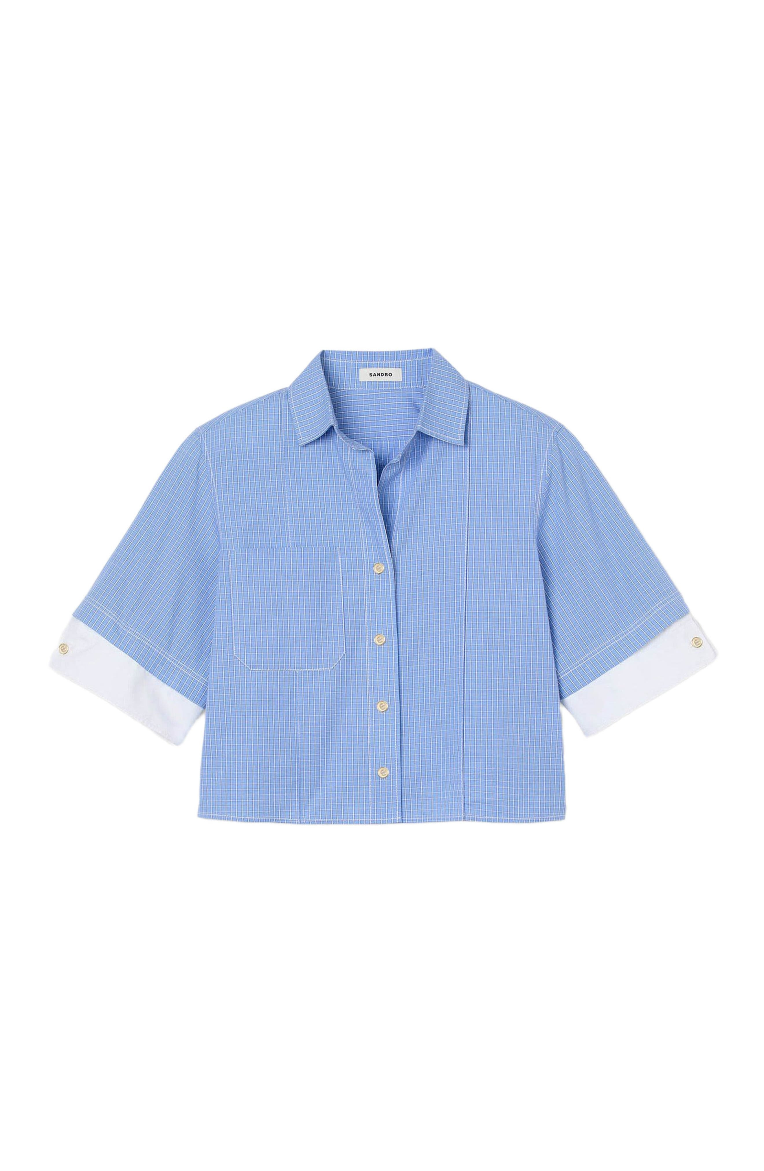 SANDRO Cropped small-check shirt in Ciel /Blanc at Nordstrom - 5