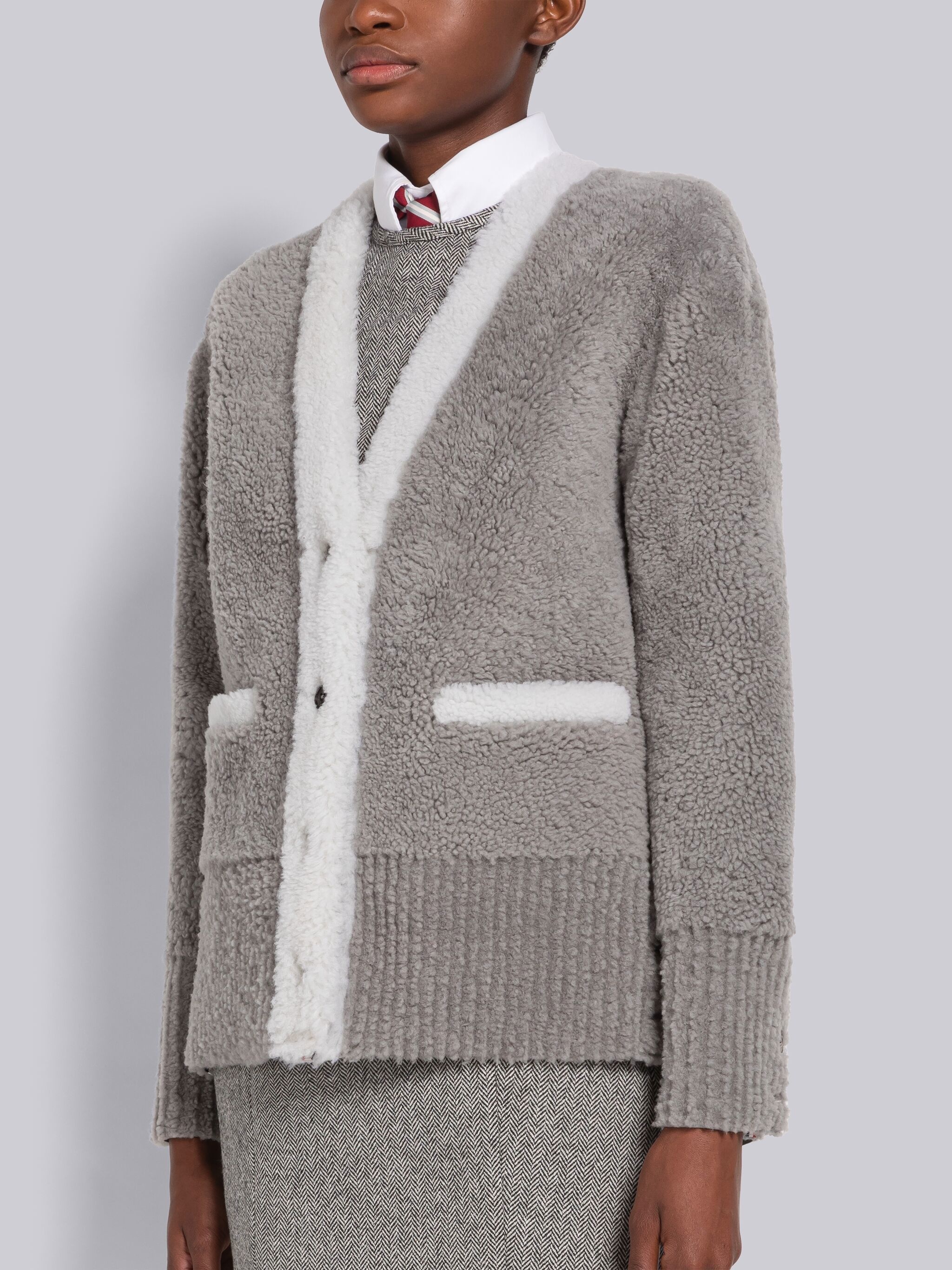 Shearling Contrast Trim V-Neck Cardigan Jacket - 2