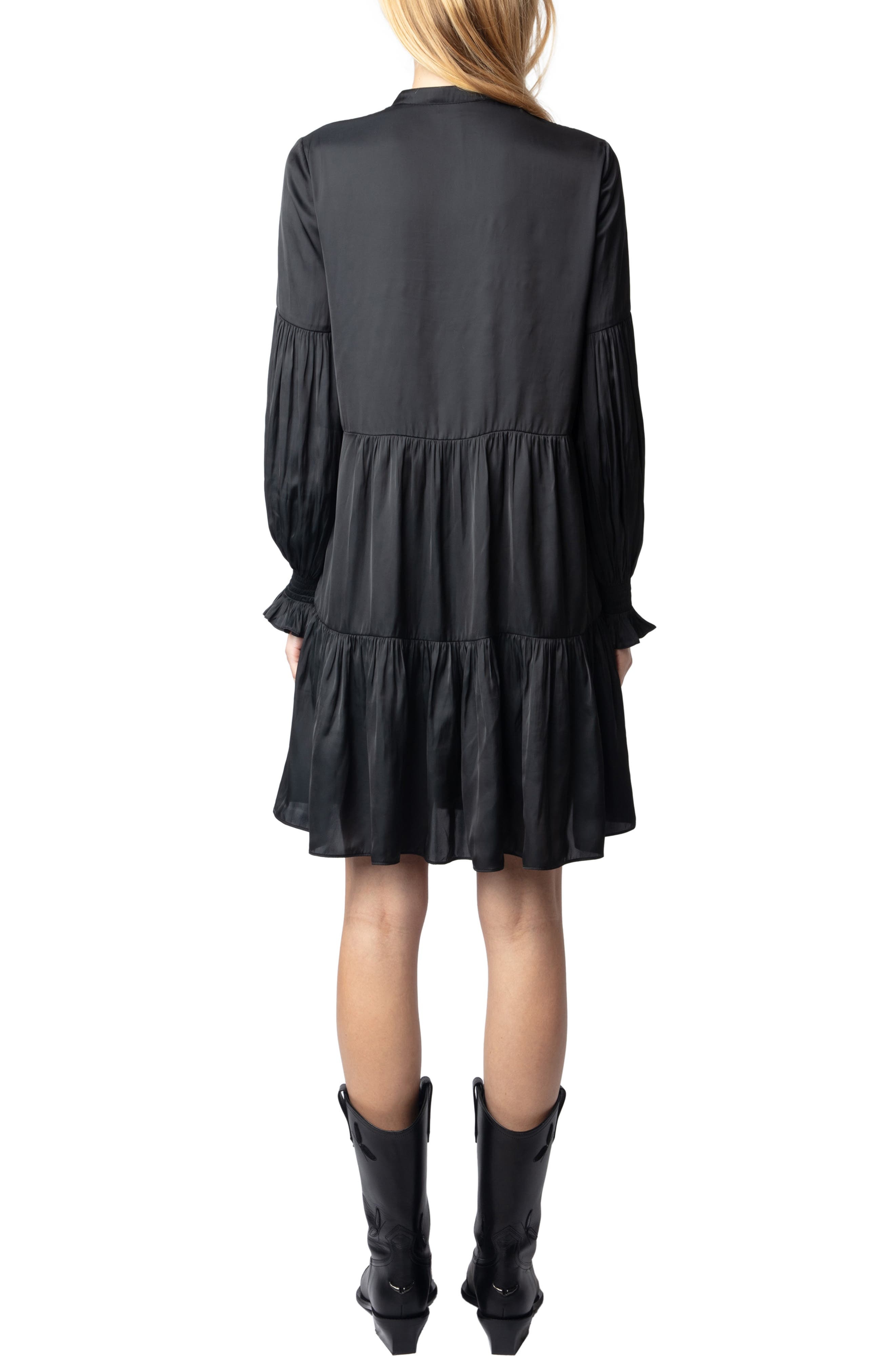 Zadig & Voltaire Randy Long Sleeve Tiered Satin Dress in Black at Nordstrom - 2