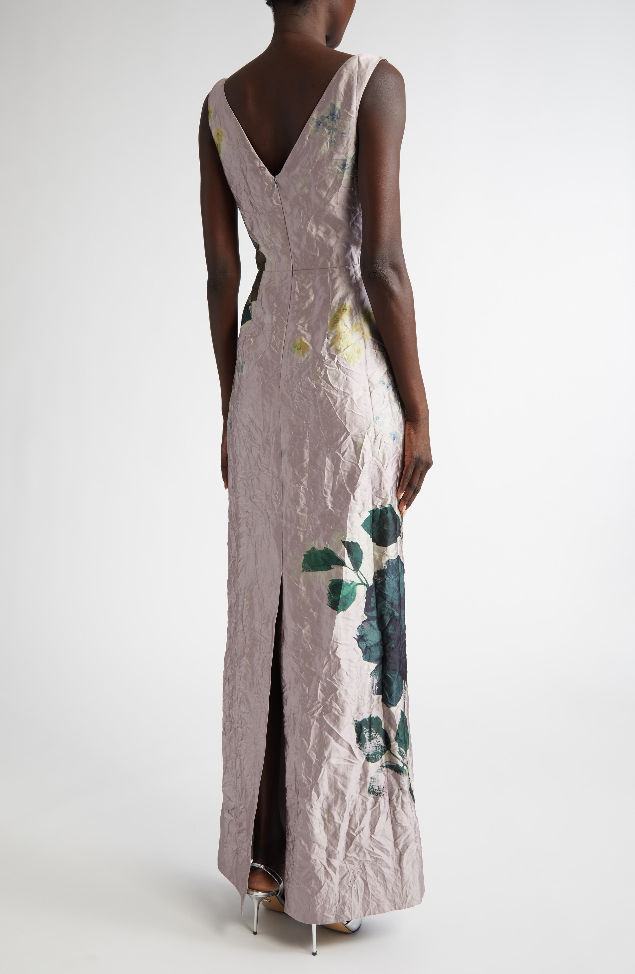 Erdem Floral Print Crinkled Metallic Satin Gown in Margot Floral Lilac at Nordstrom - 2