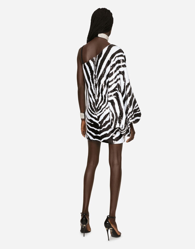 Short sequined one-shoulder dress with zebra print - 2