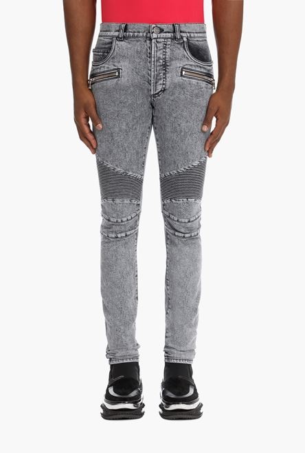 Slim gray cotton jeans with Balmain monogram - 5