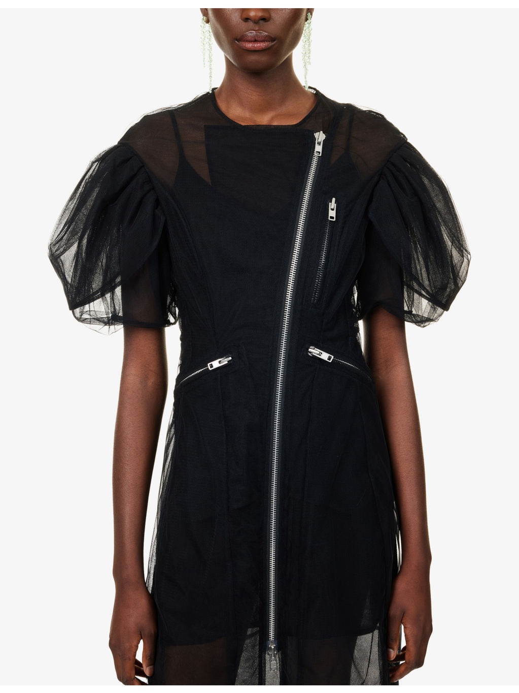 Sculpted Petal-Sleeve Sheer Tulle Knee-Length Dress - 5