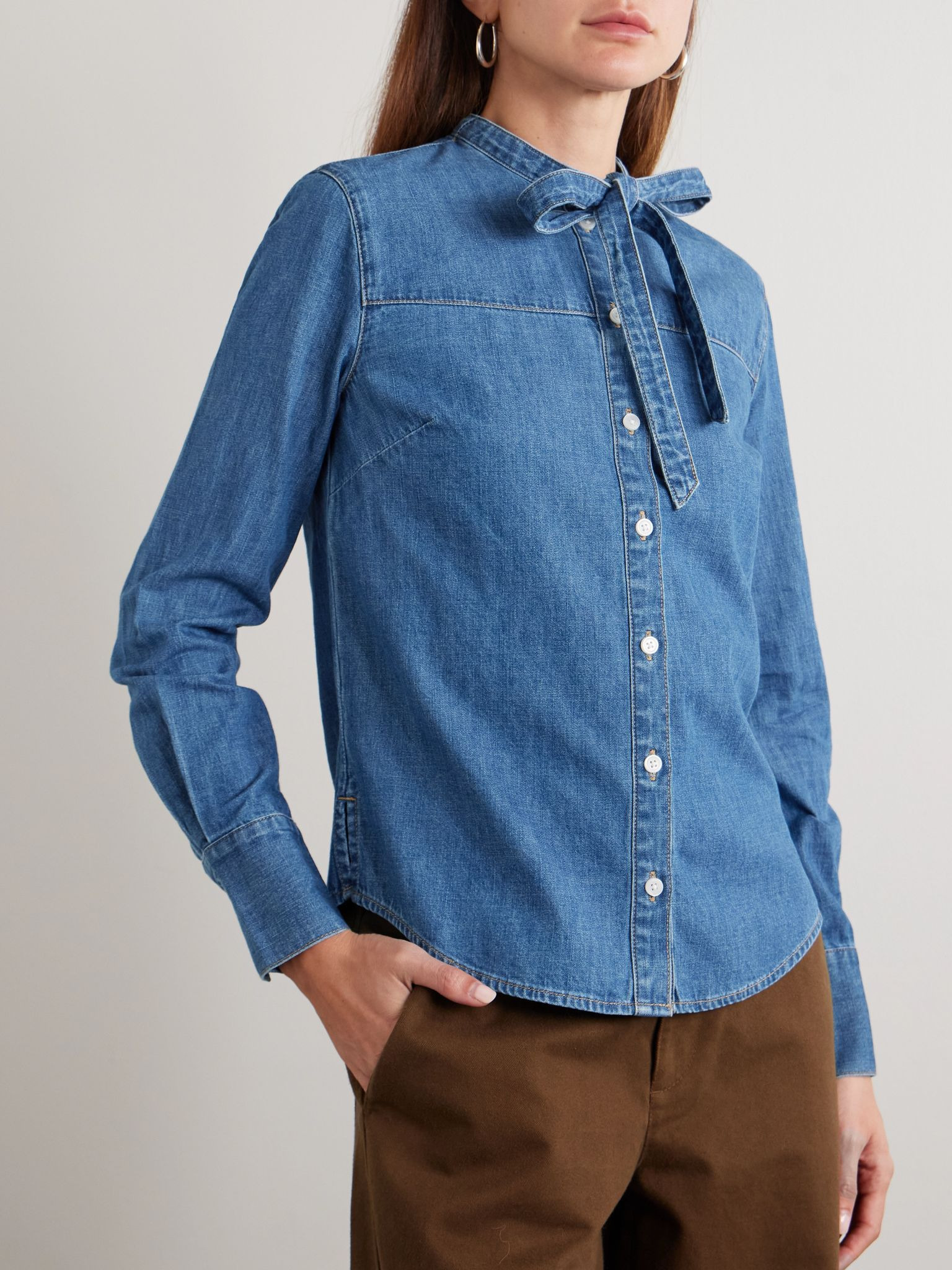 Gabby tie-detailed denim shirt Mid denim - 3