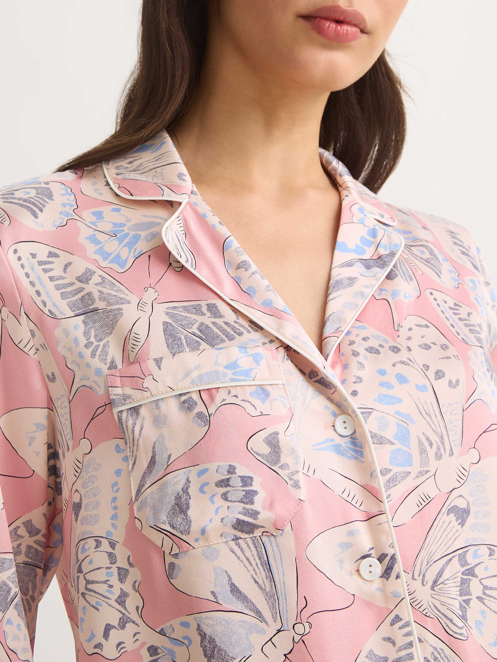 Women's Silk Pajamas Pink Multicolor Butterfly Print - 6