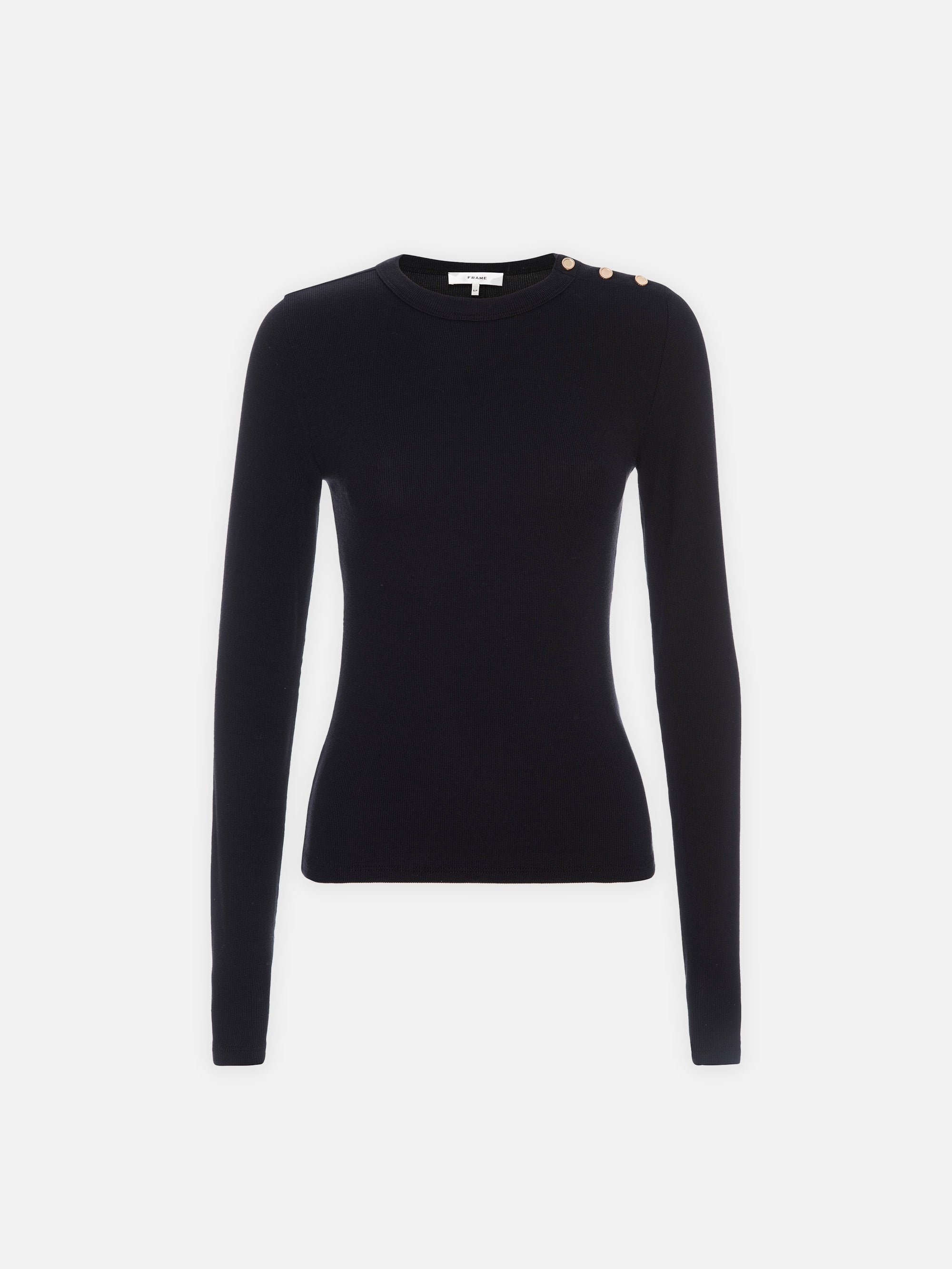 Long Sleeve Rib Button Crew in Black - 1