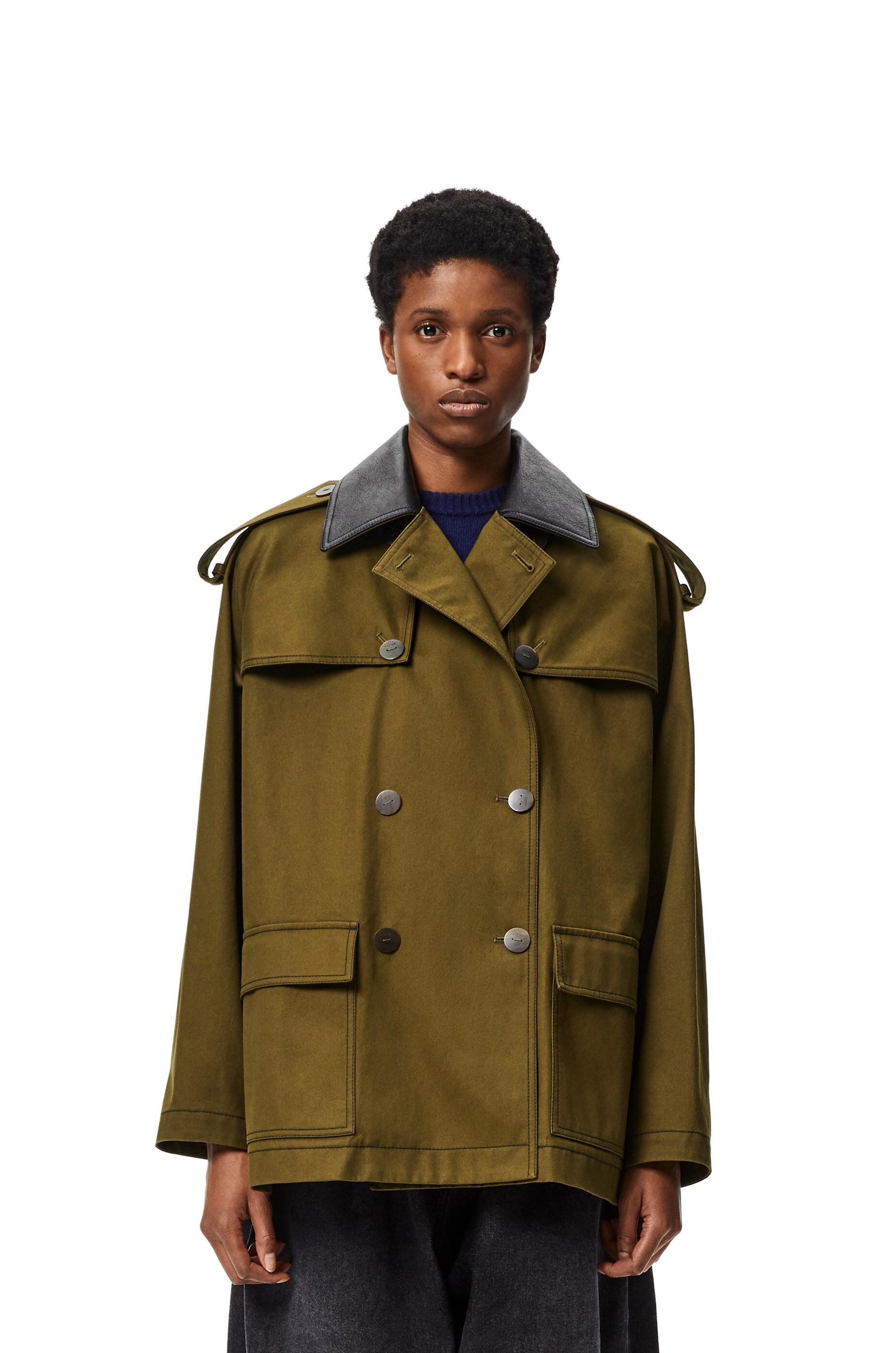 Leather collar military parka in cotton - 3