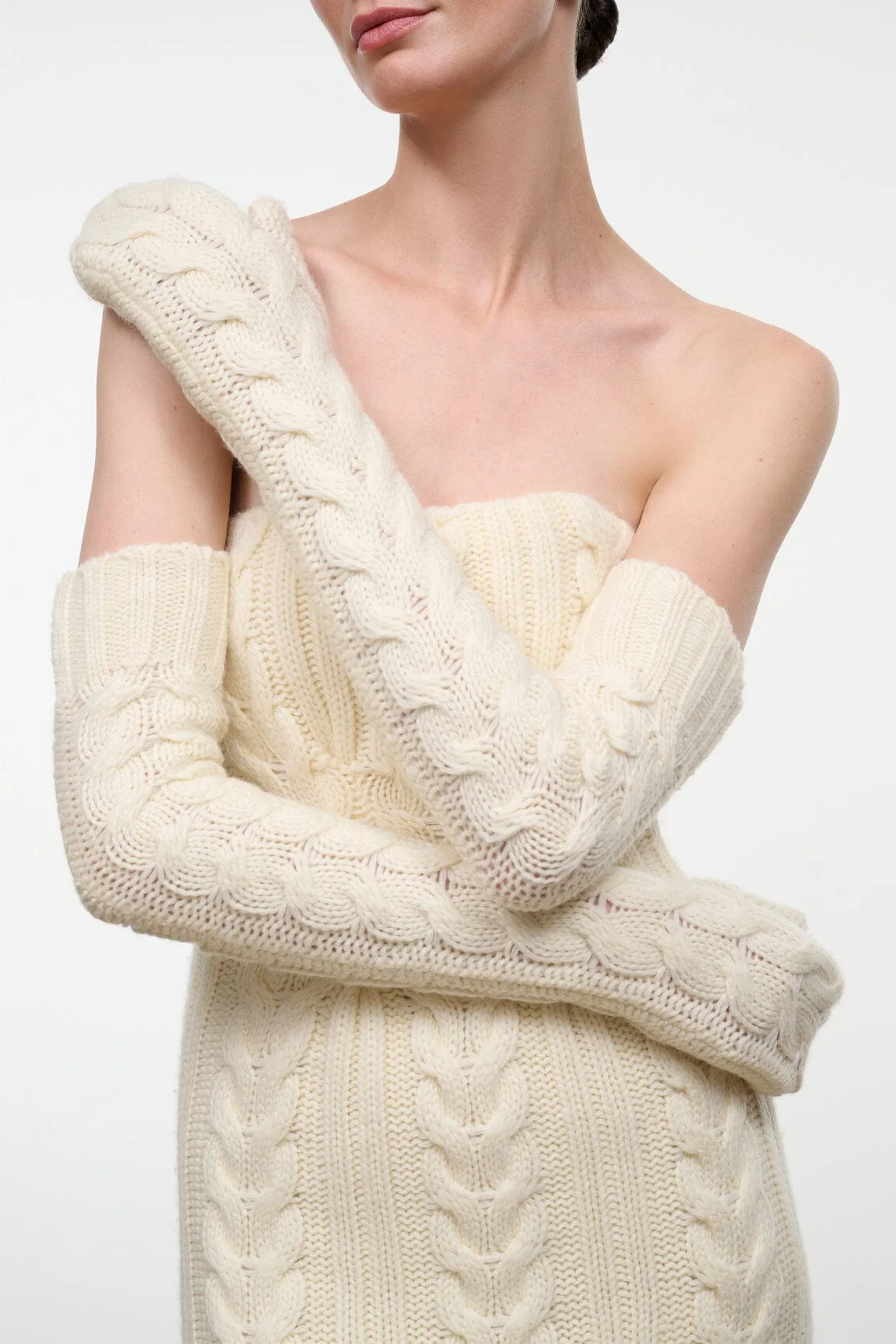 STAUD CABLE KNIT OPERA MITTENS IVORY - 1