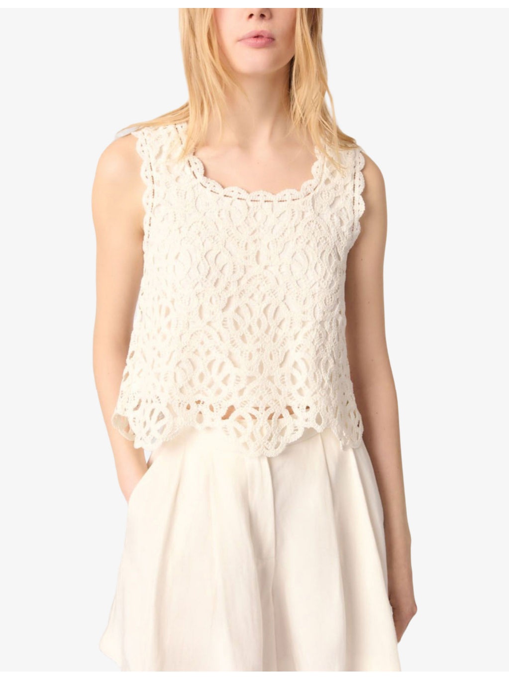 Sleeveless Cropped Open-Knit Crochet Cotton Top - 5