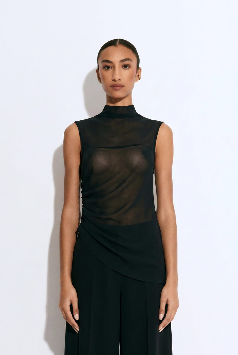 LAPOINTE Lightweight Georgette Mock Neck Ruched Top outlook
