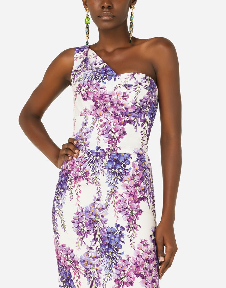 Wisteria-print one-shoulder calf-length cady dress - 4