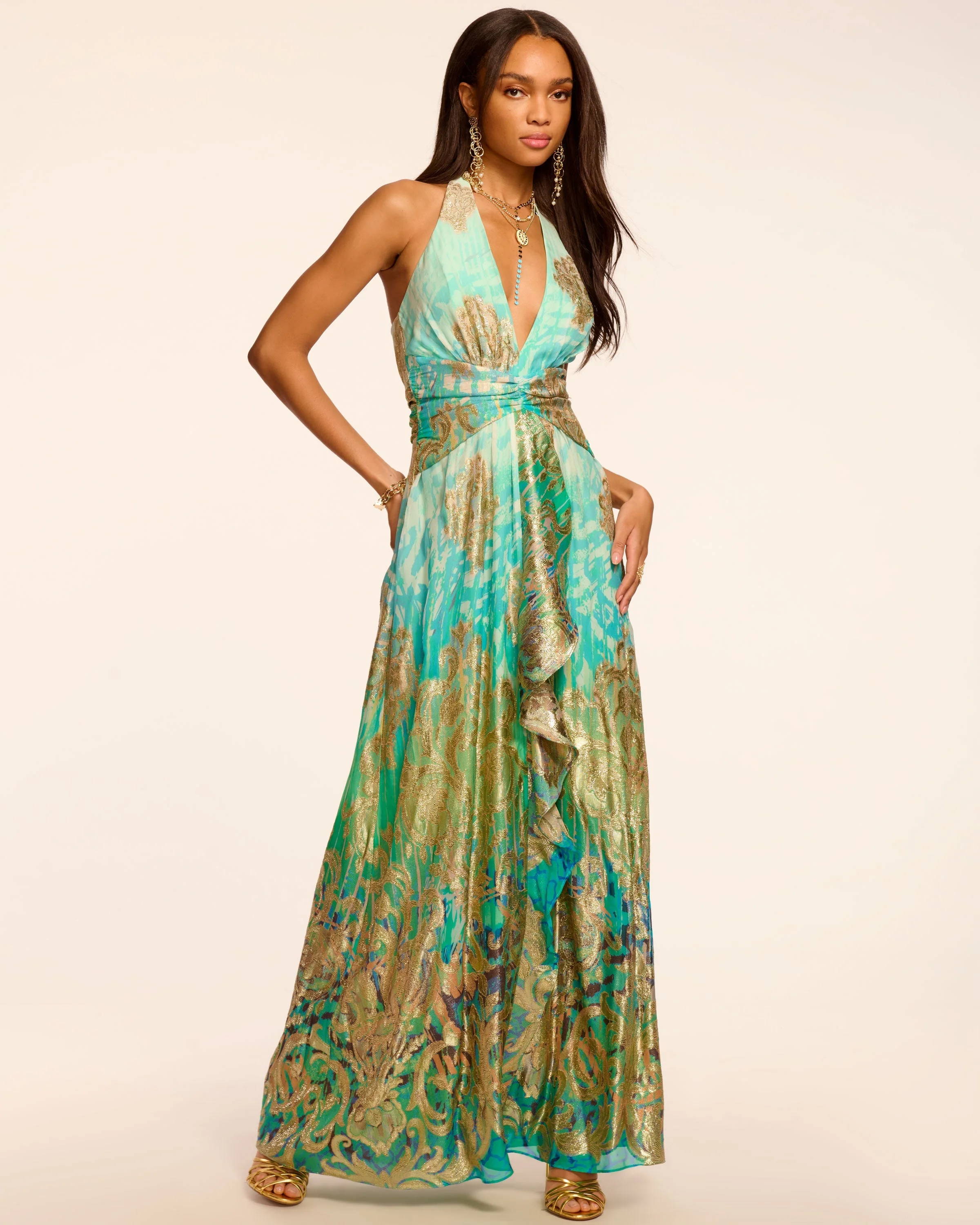 Stephanie Jacquard Plunging Halter Gown - 1