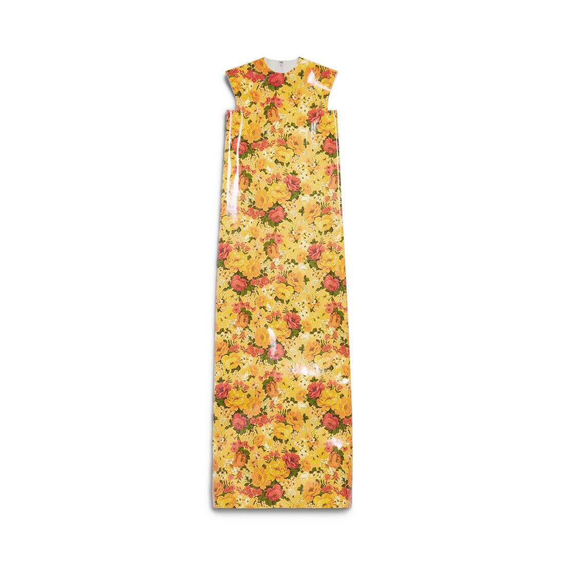 Women's Faux Vinyl Floral Sleeveless Dress in Orange - 1