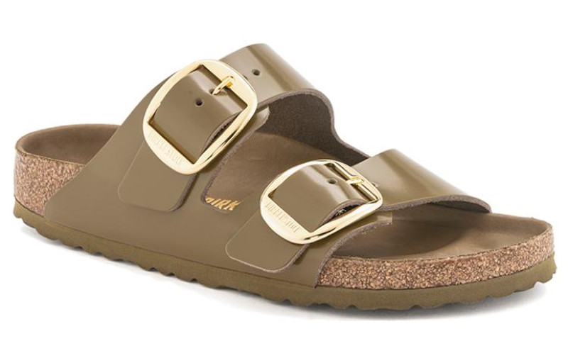 BIRKENSTOCK (WMNS) Birkenstock Arizona Big Buckle Natural Leather Patent Narrow Fit Sandals 'High Shine Mud Gree outlook