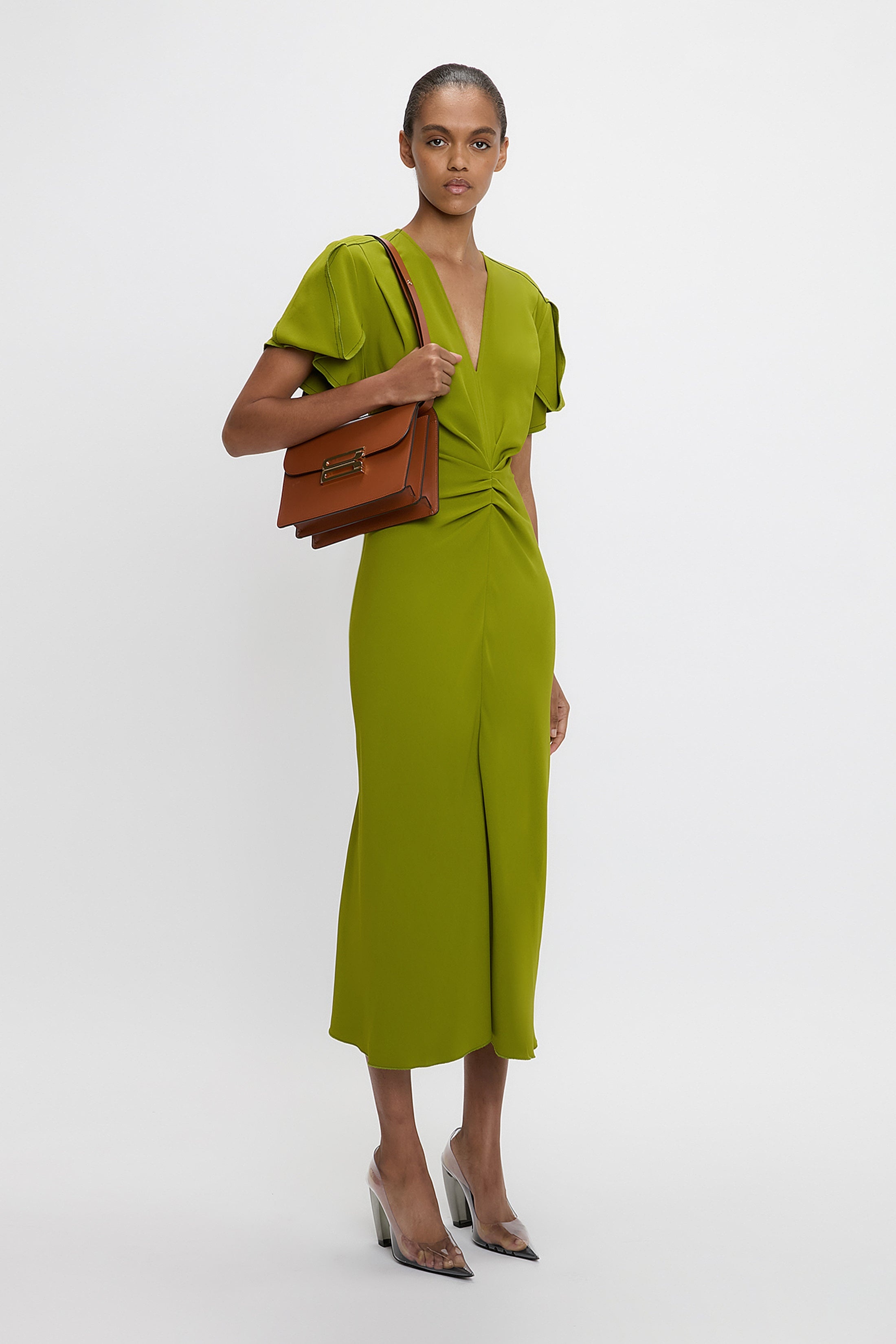 Gathered V-Neck Midi Dress In Parakeet - 3