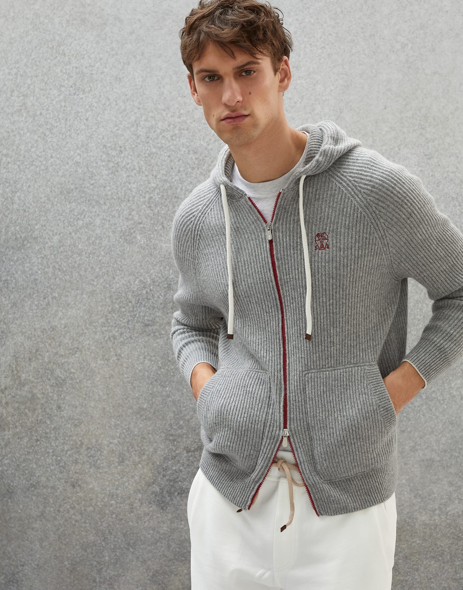 BRUNELLO CUCINELLI Logo-Embroidered Ribbed Cashmere Zip-Up Hoodie for Men