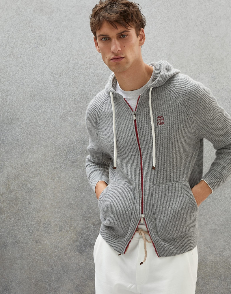 Cashmere English rib knit sweatshirt with hood - 1