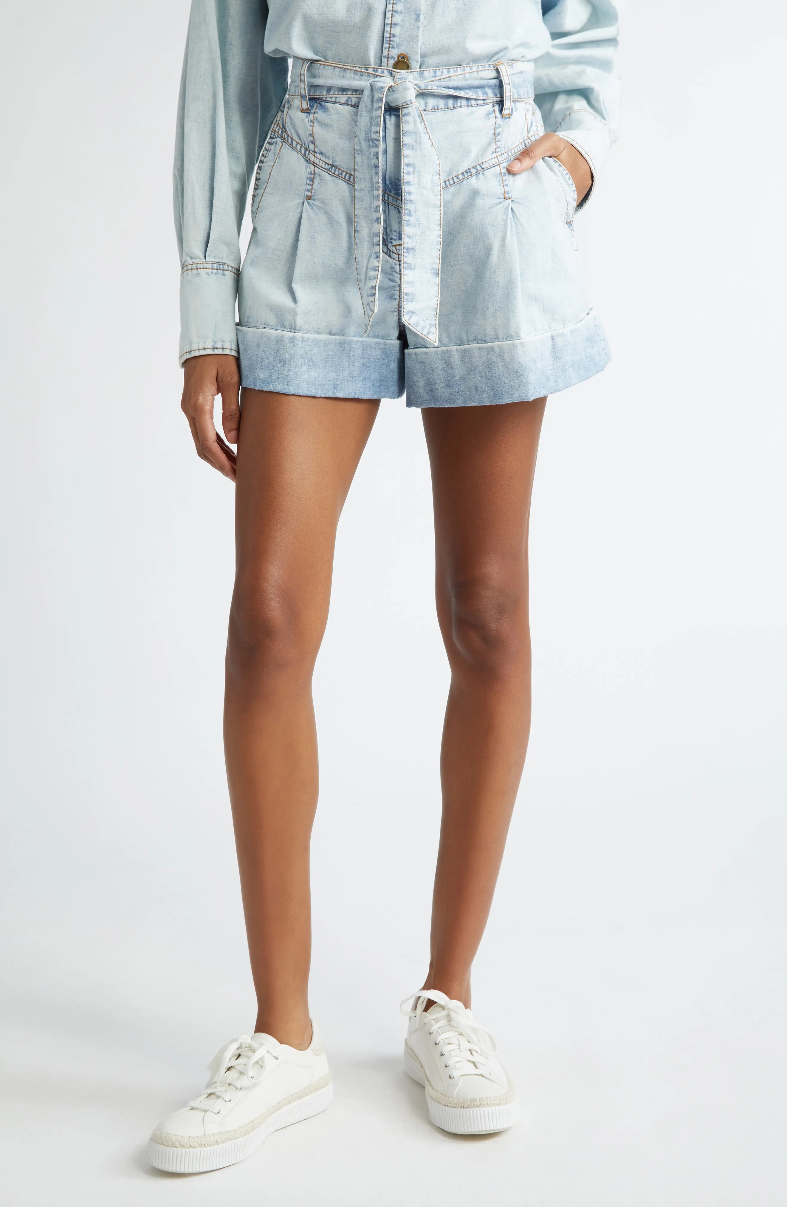 Belted Pleated Denim Shorts - 1