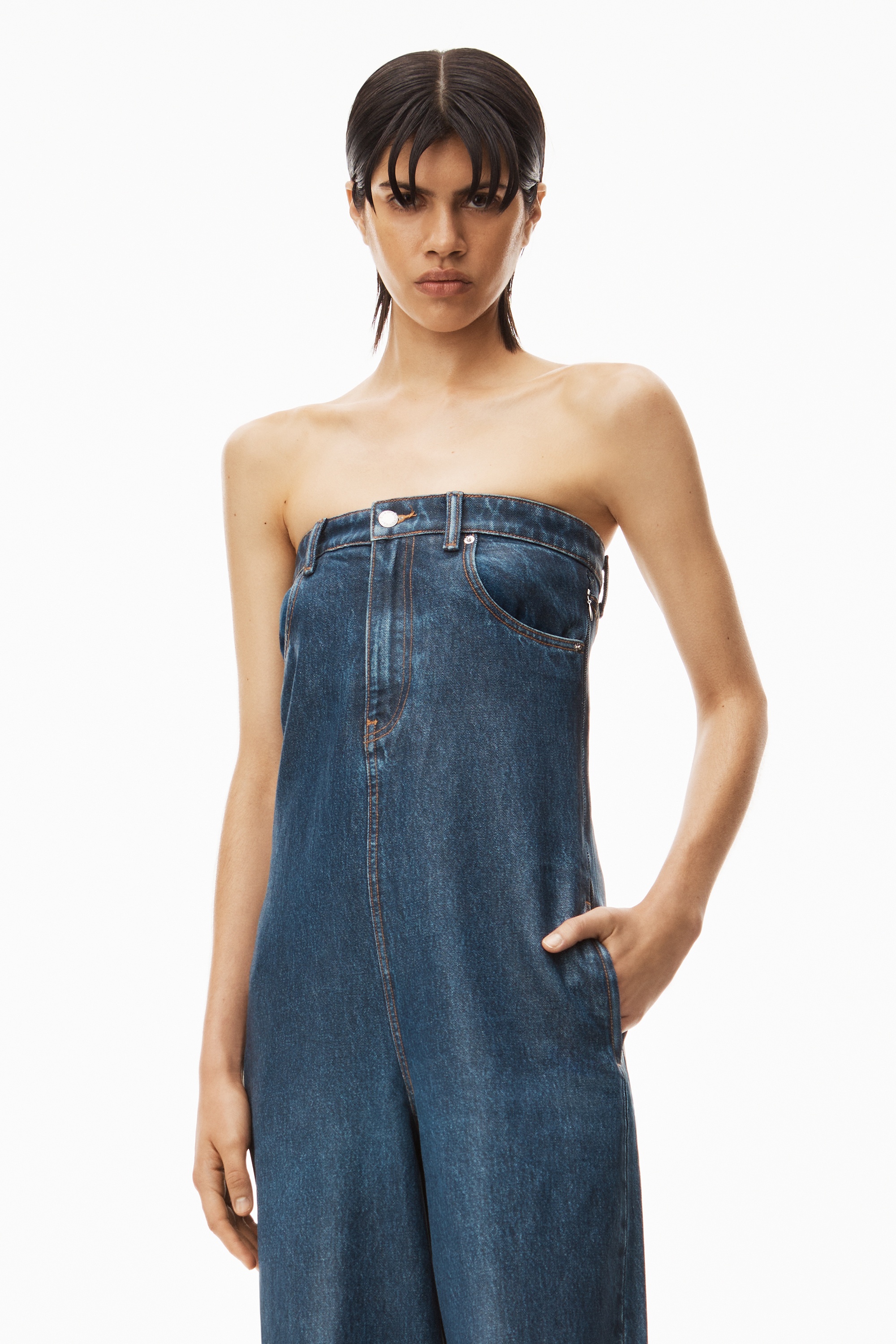 CRYSTAL CUFF JUMPSUIT IN COATED DENIM - 3