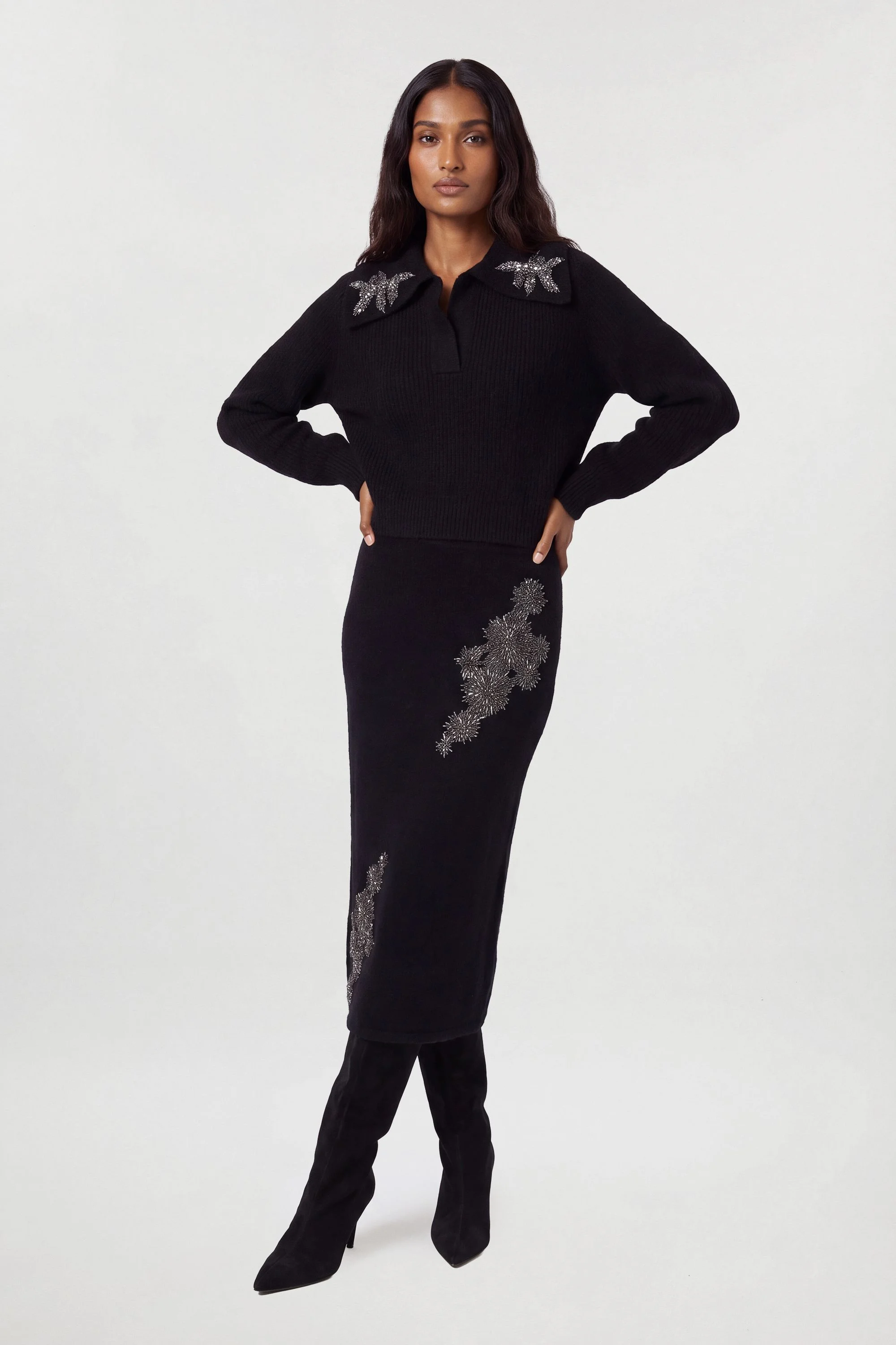 Embellished Cosy V Neck Collar Knit Jumper - 1