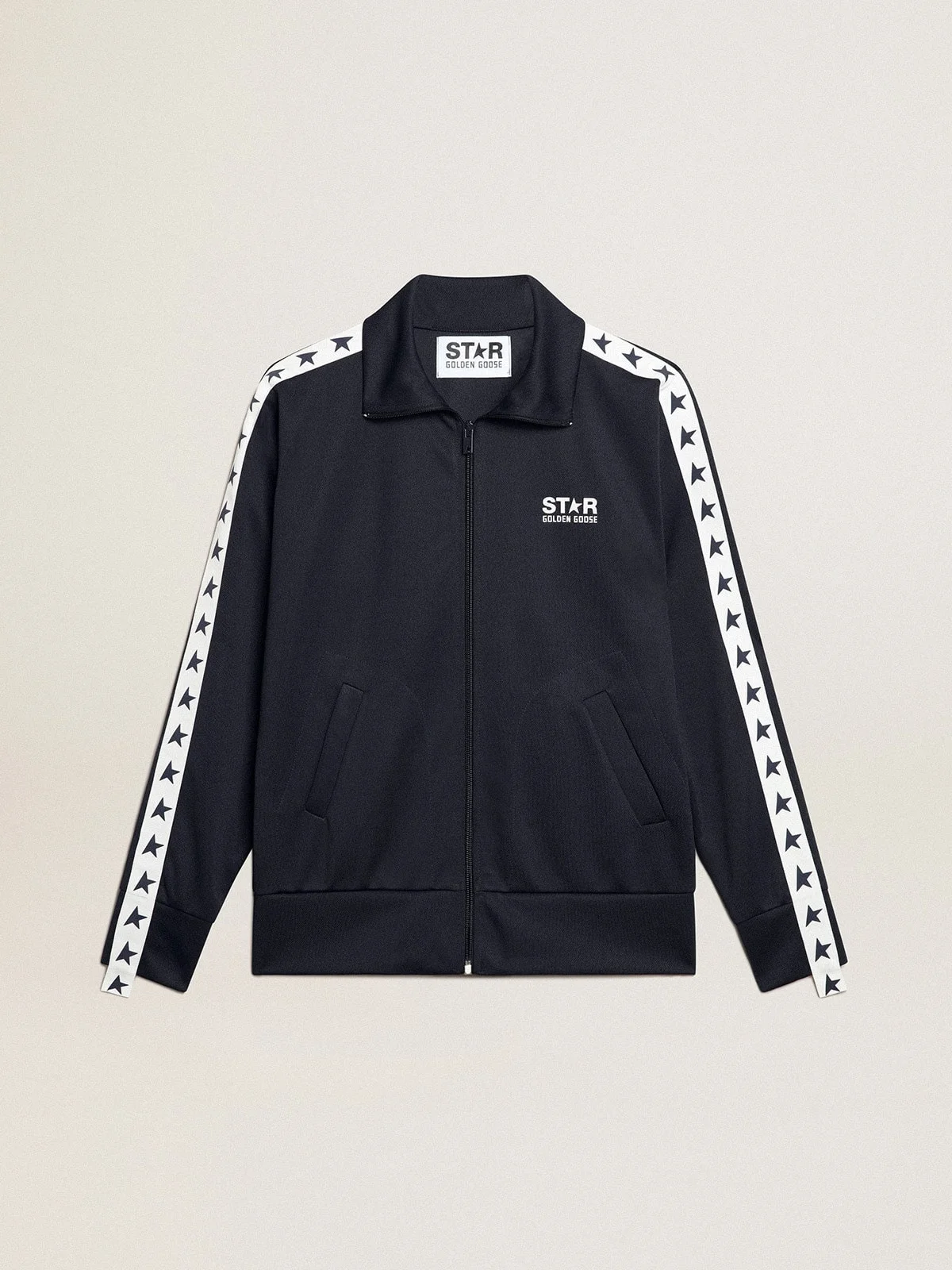 Dark blue zipped sweatshirt with white strip and contrasting stars - 1