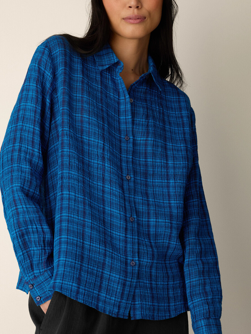Puckered Organic Linen Plaid Classic Collar Shirt 5