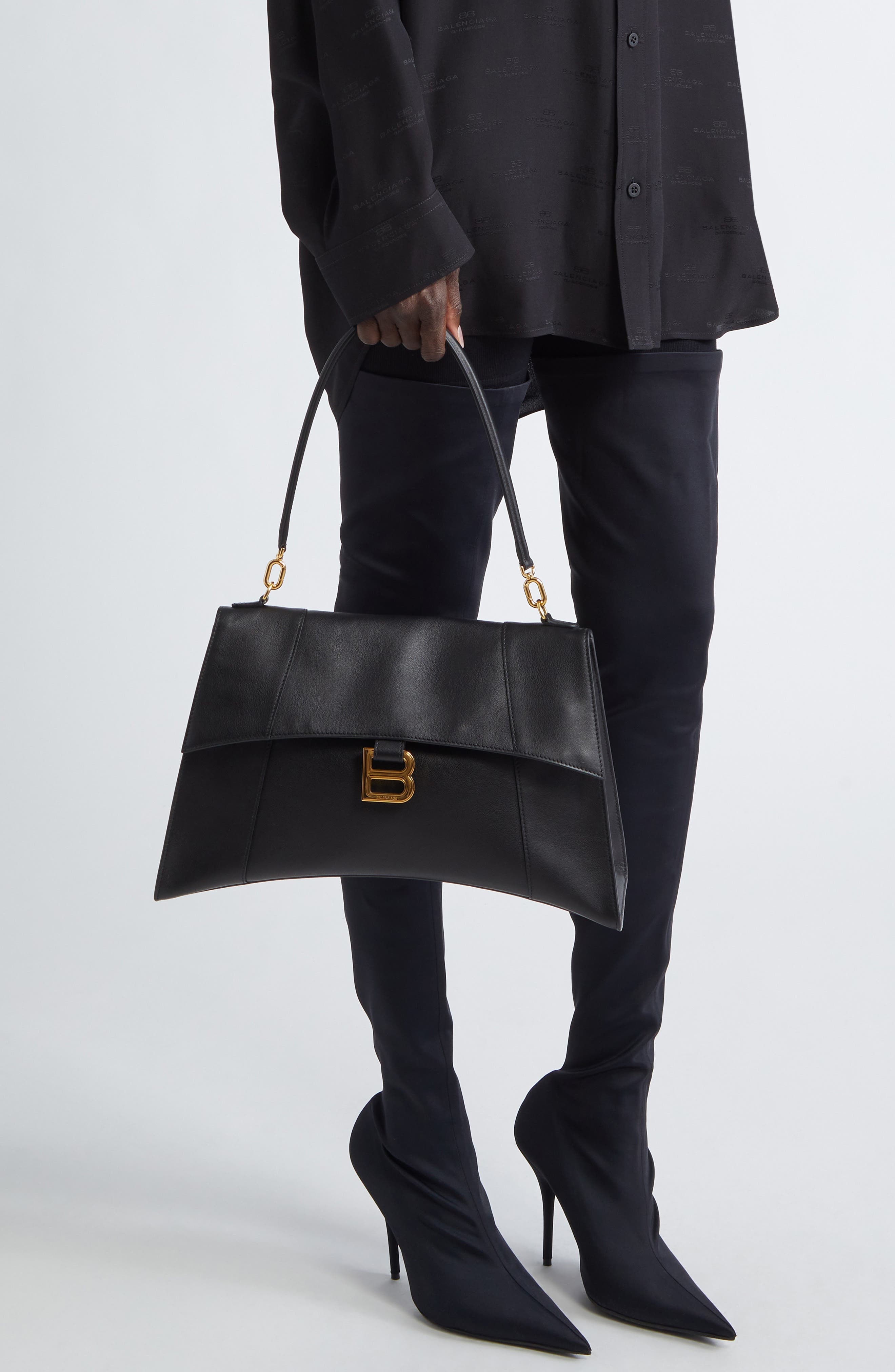 Balenciaga Medium Hourglass Soft Leather Shoulder Bag in 1000 Black at Nordstrom - 3