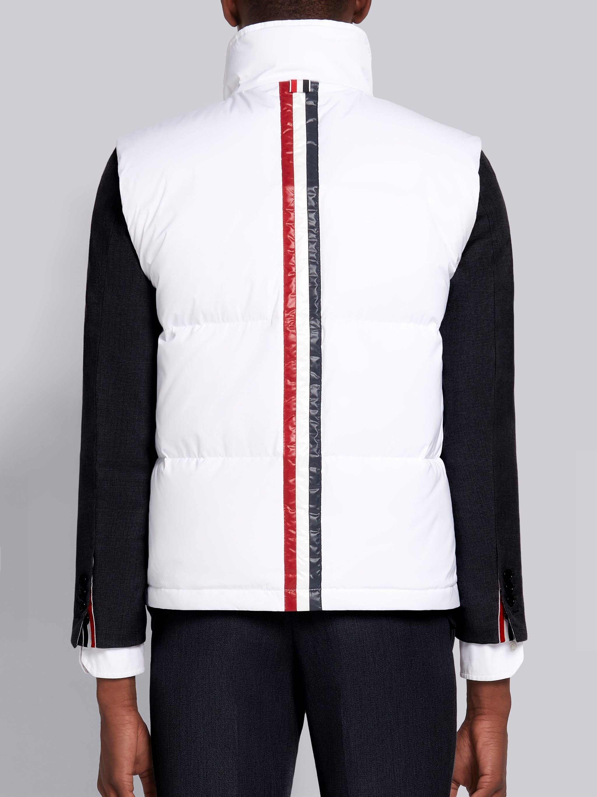 White Down Filled Poly Twill Center Back Stripe Double Zip Front Funnel Neck Vest - 2