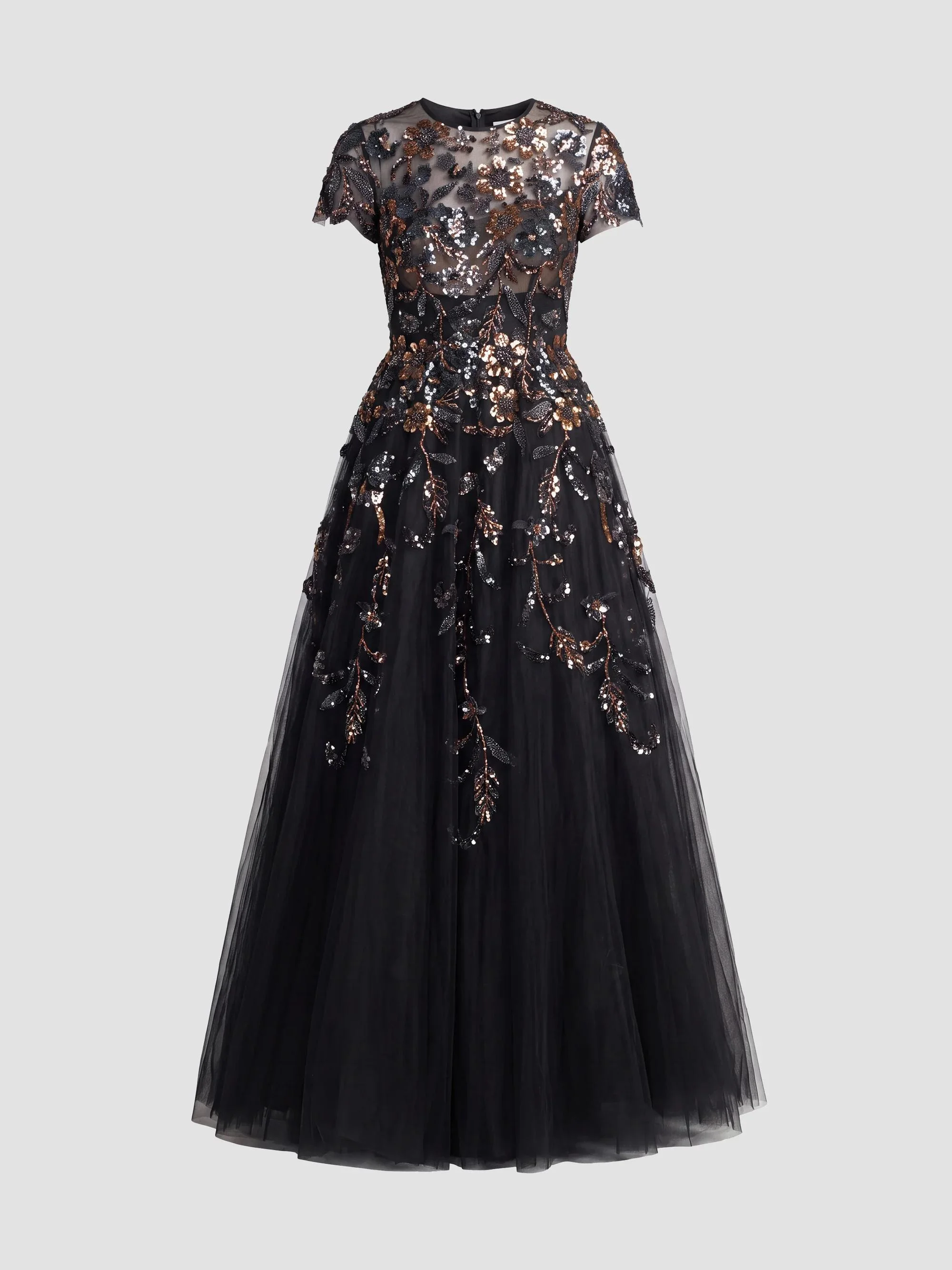 Women's Floral Mesh Short-Sleeve Gown - Black Multi - 1