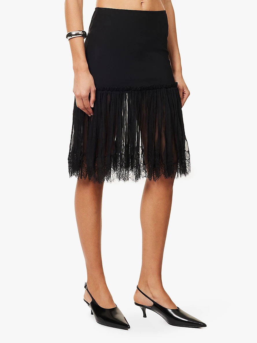 Pleated lace-trim stretch-woven blend midi skirt - 3