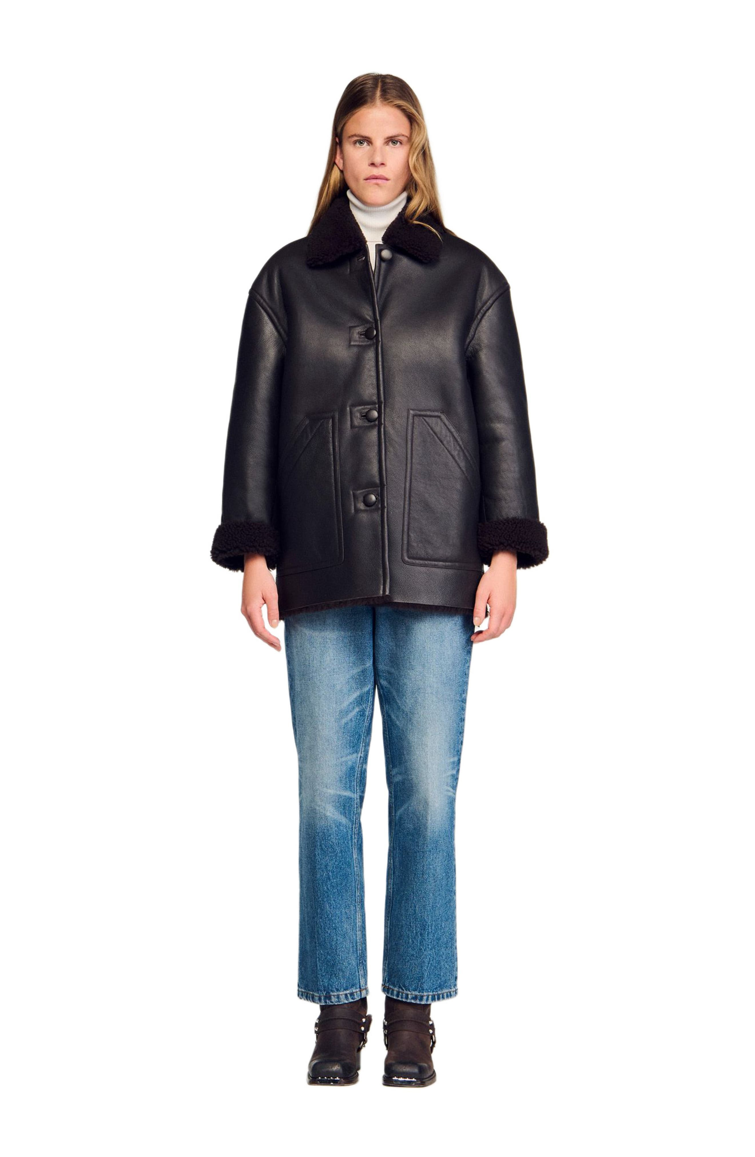 SANDRO Shearling coat in Black Brown at Nordstrom - 2