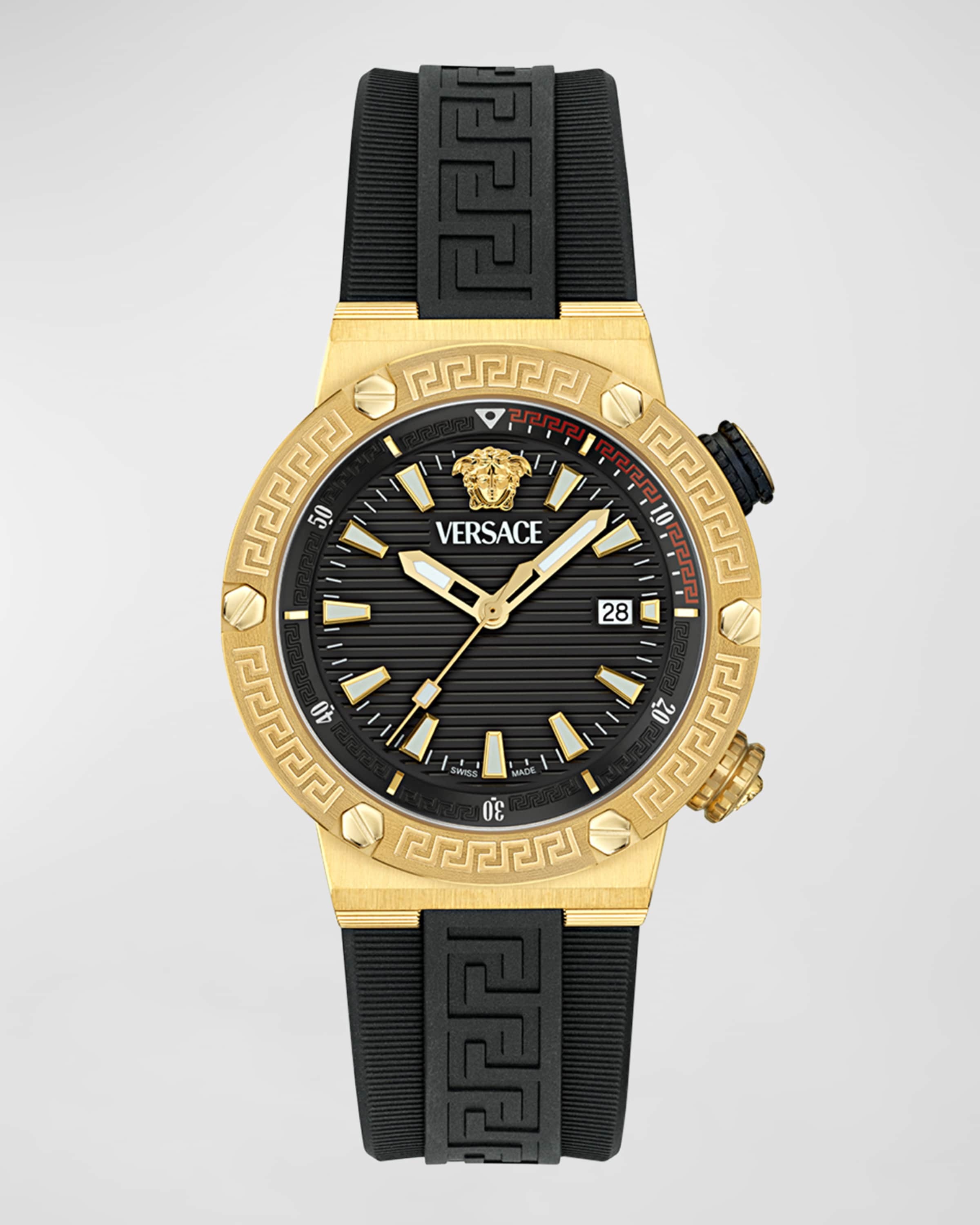 Men's Greca Logo IP Yellow Gold Polyurethane-Strap Watch, 43mm - 1