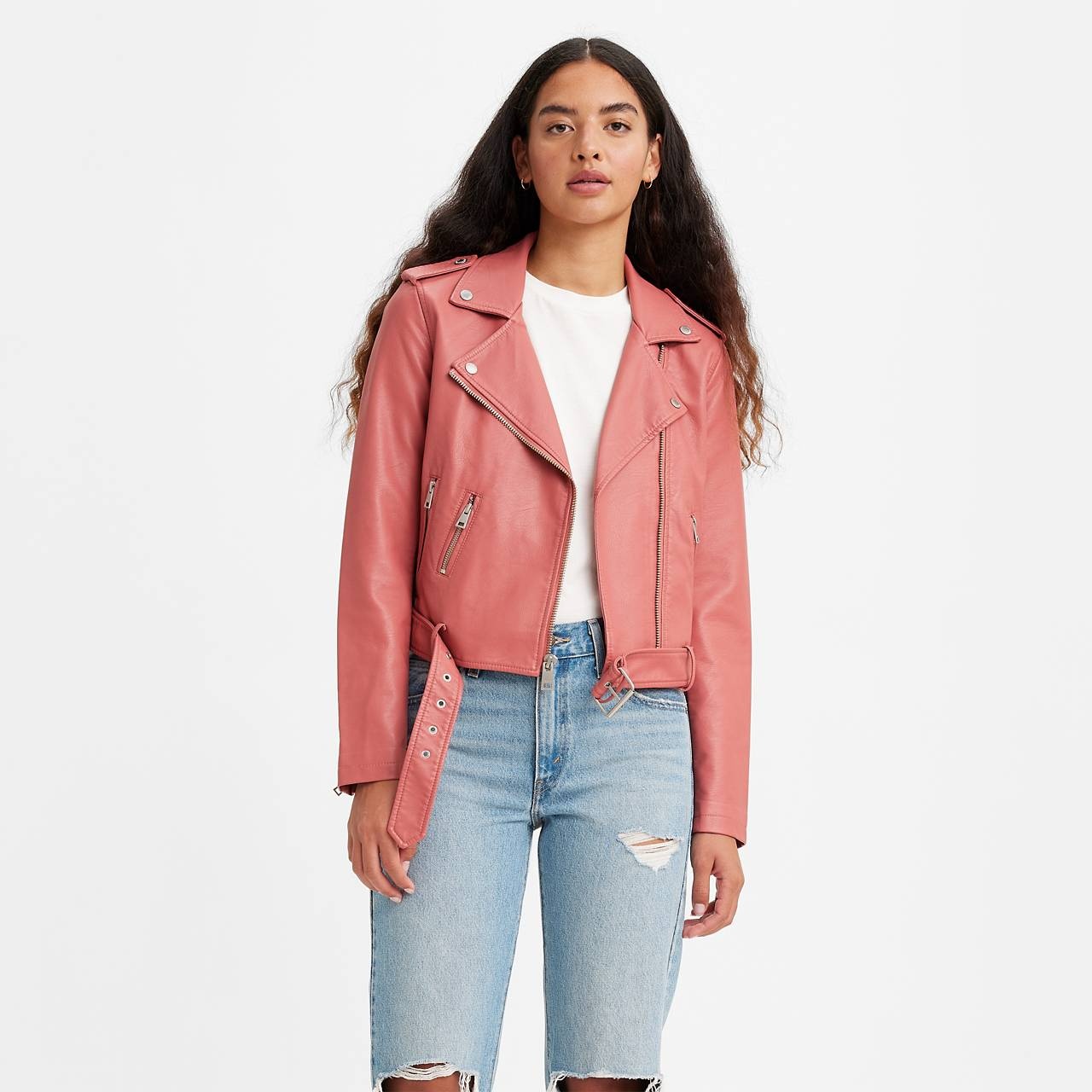 BELTED FAUX LEATHER MOTO JACKET - 1