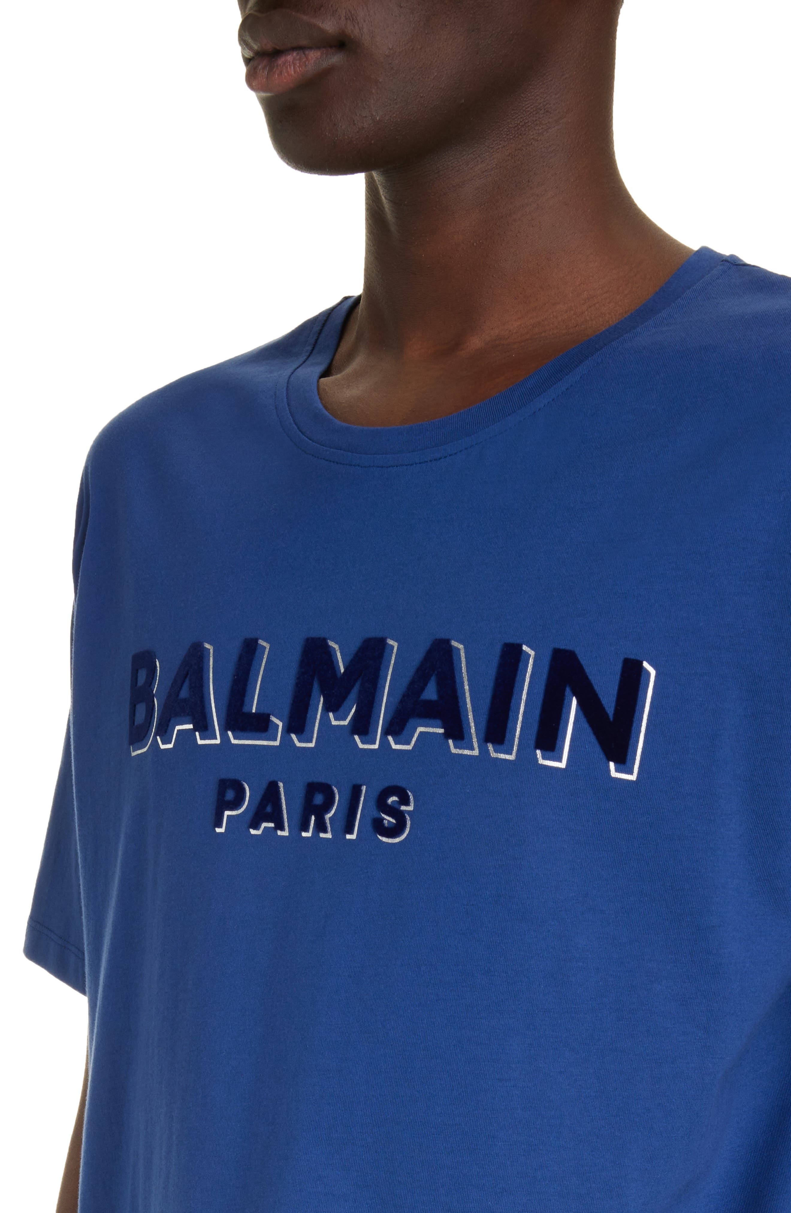Balmain Flock & Foil Logo Graphic T-Shirt in Slk Dark Blue/Multi at Nordstrom - 5