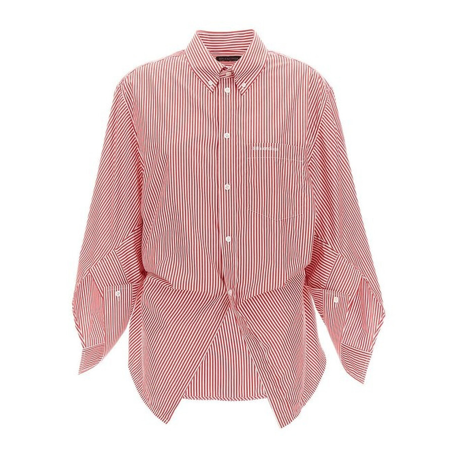 Balenciaga Ladies Red / White Embroidered-Logo Shirt - 5