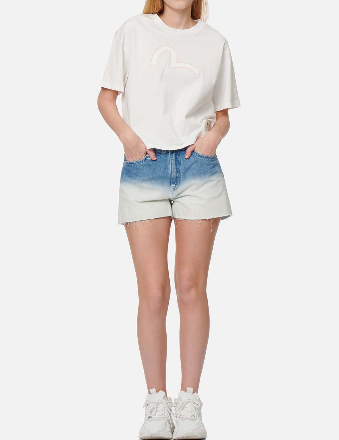 SEAGULL AND SLOGAN PRINT TIE-DYED DENIM SHORTS - 6