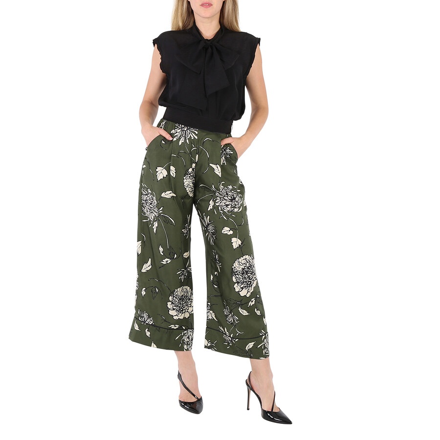 Moncler Ladies Green Floral Silk Pants - 5