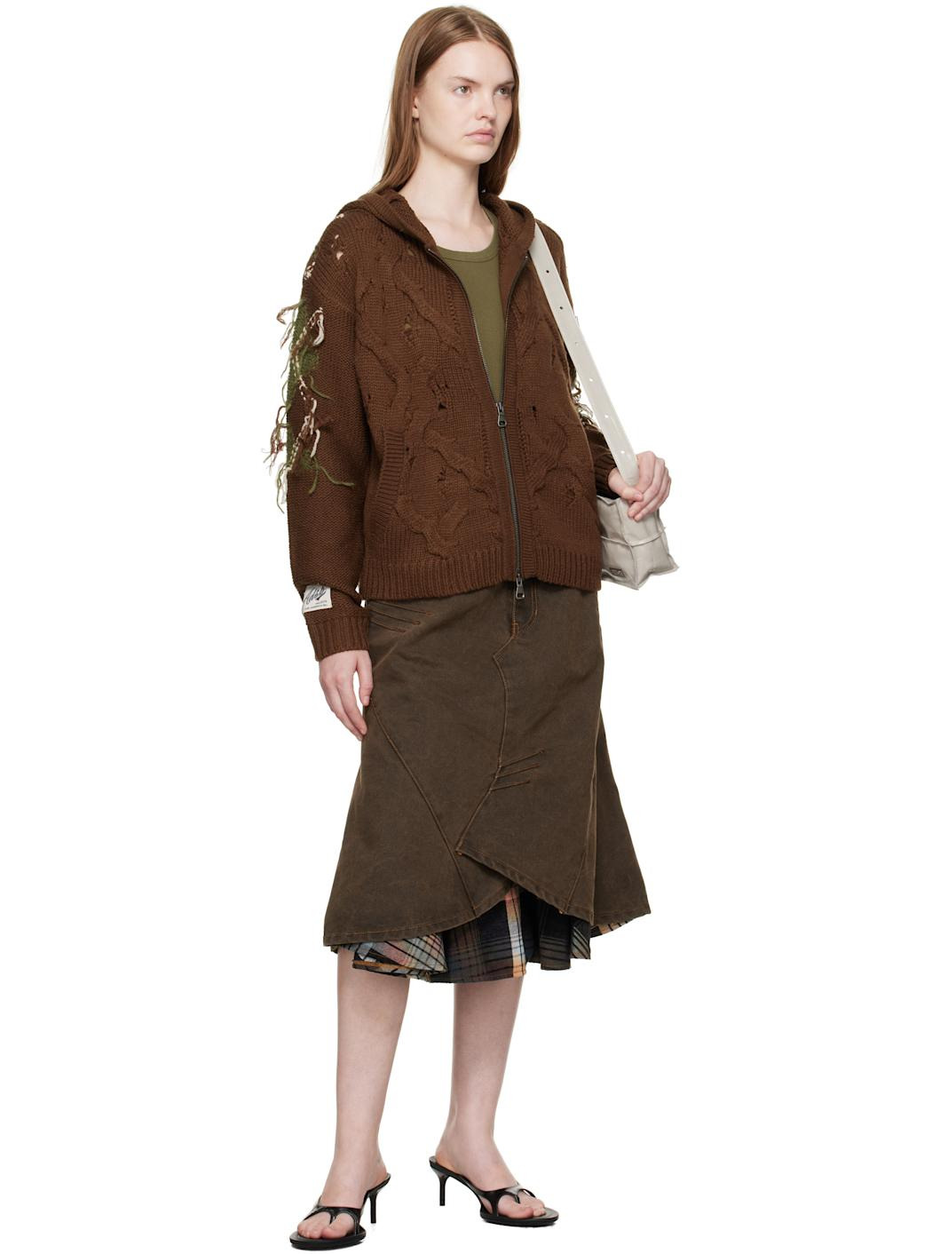 Brown Custom Flare Layered Denim Midi Skirt - 4