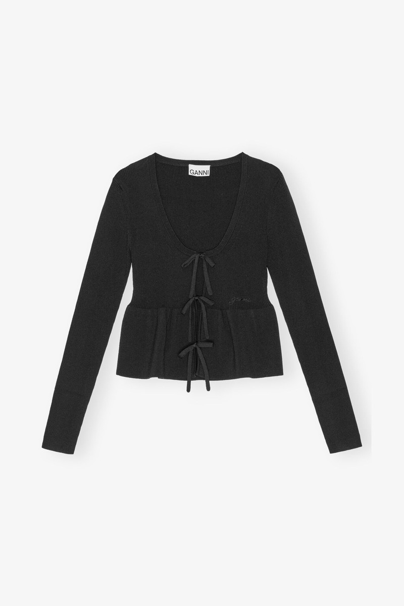 BLACK RIB KNIT TIE STRING CARDIGAN 1
