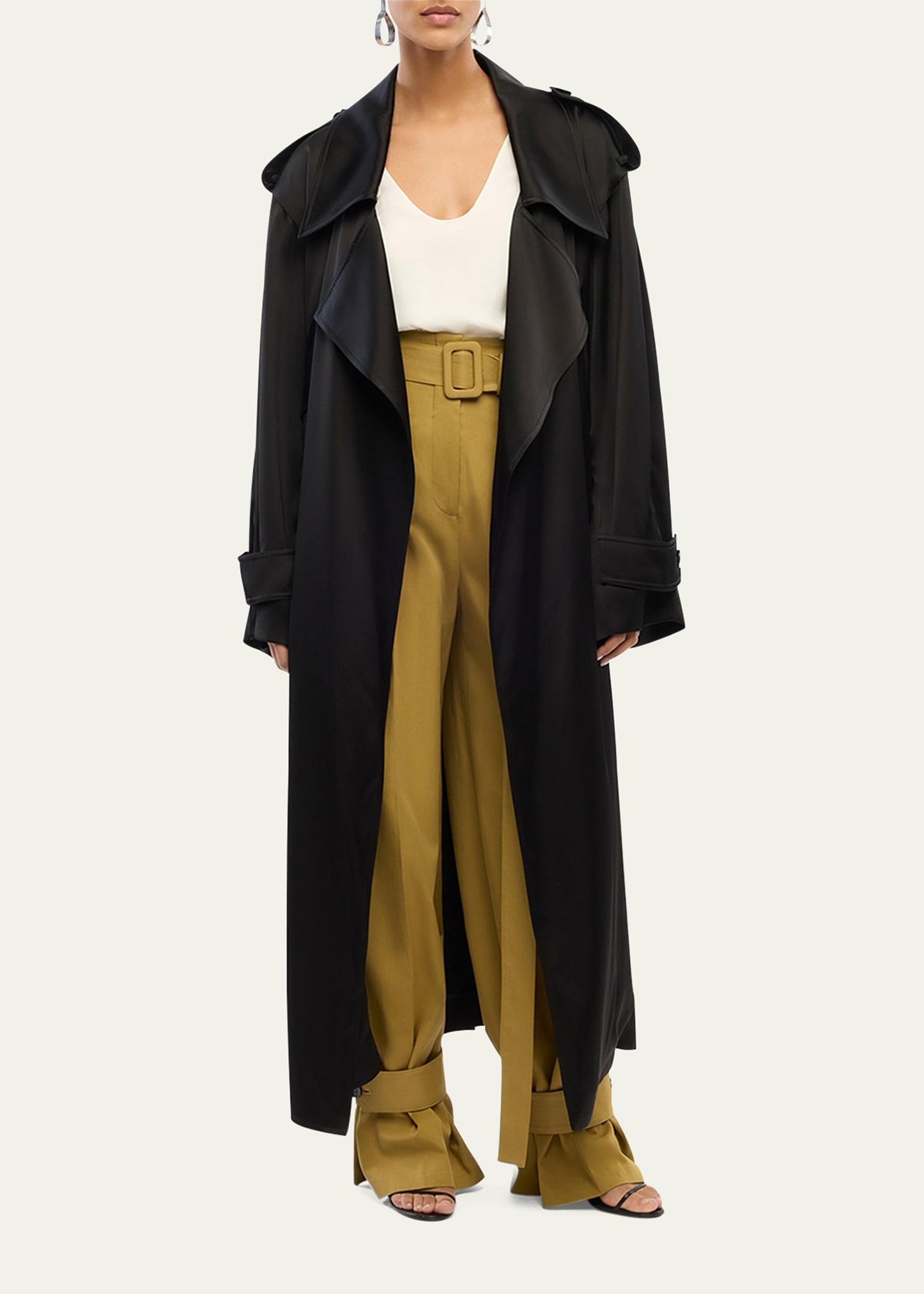 Soft Satin Belted Long Trench Coat - 2