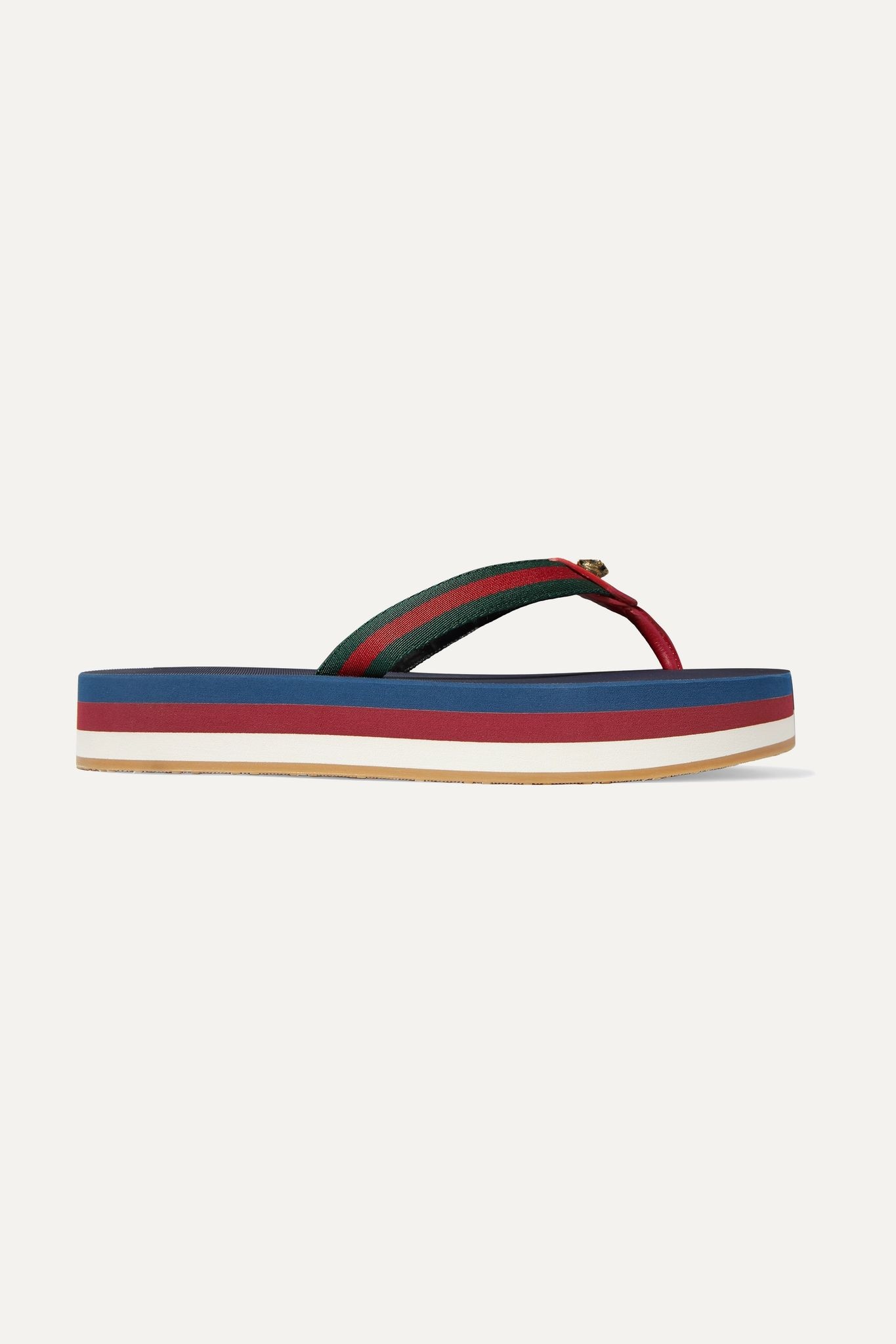 Embellished leather-trimmed striped canvas platform flip flops  - 1