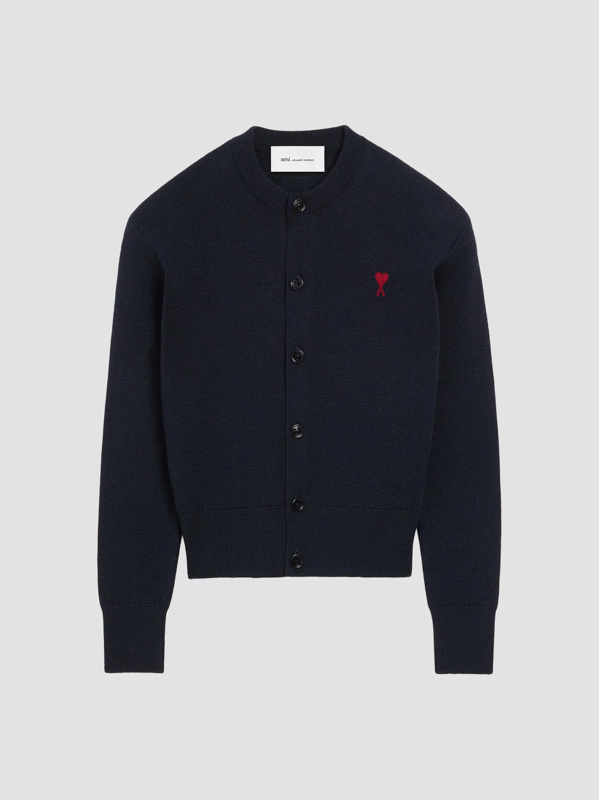 Women's Ami De Coeur Embroidered Wool Crewneck Cardigan - Navy Red - 1
